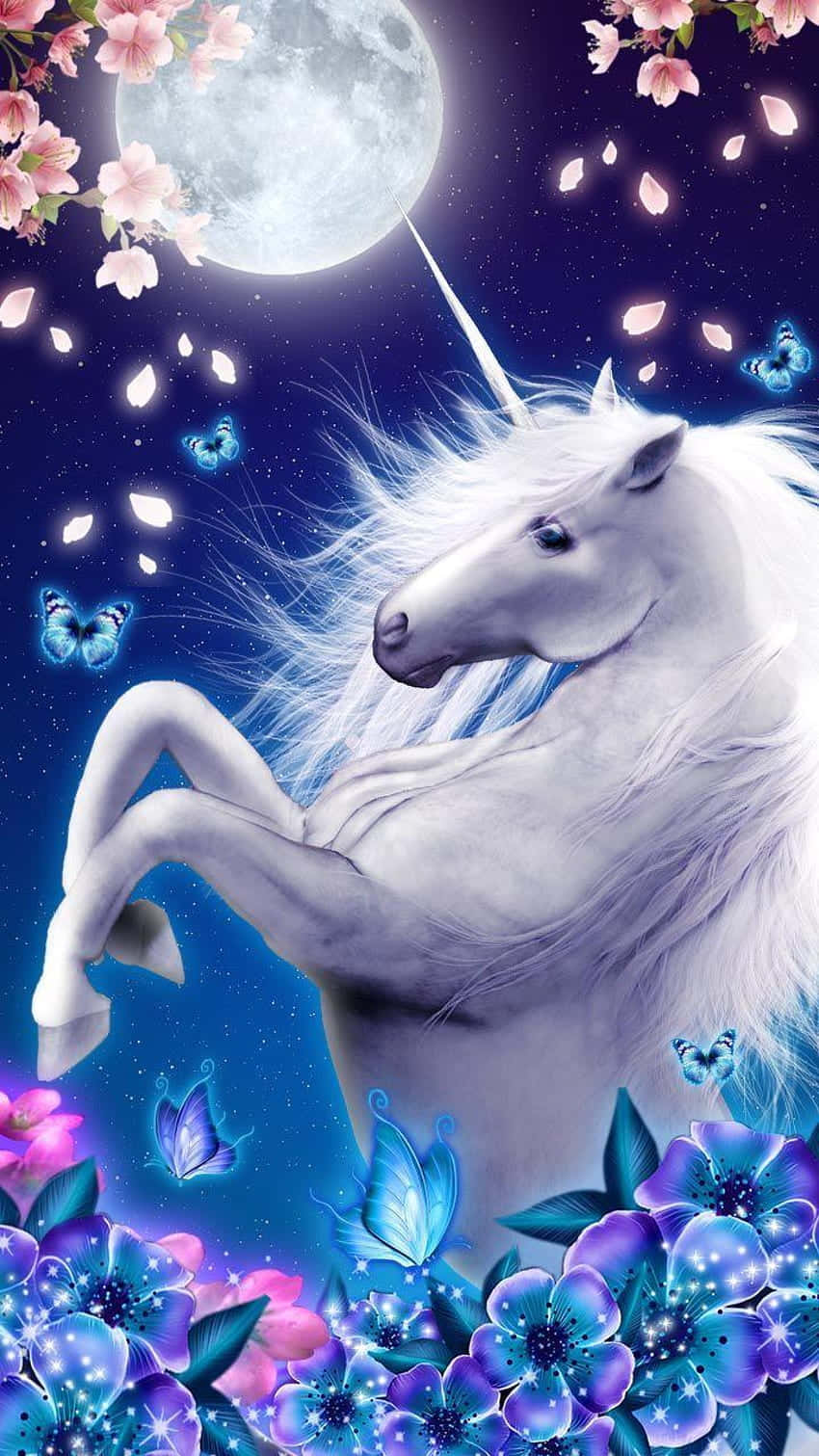 Magical Unicorn, full moon, glowing blue butterflies, HD Phone Wallpaper