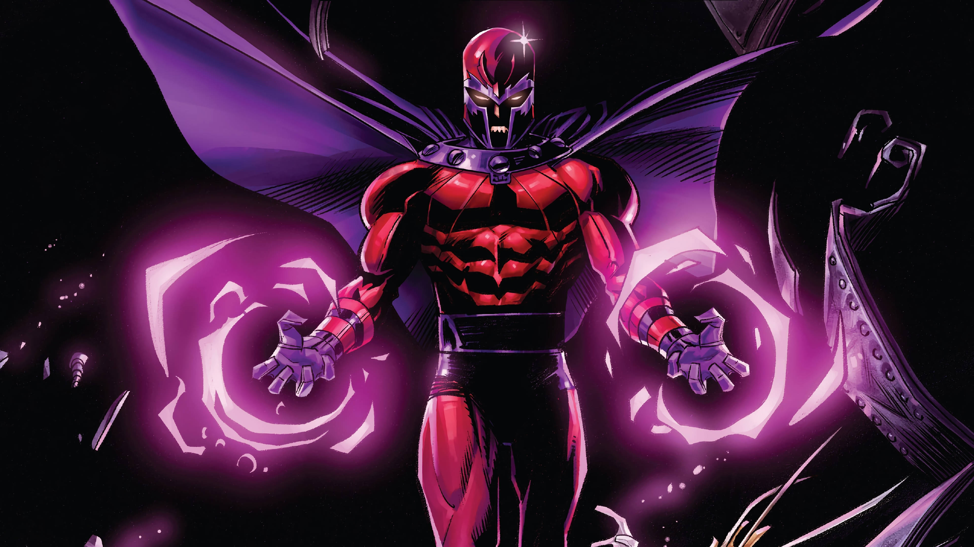 Magneto, red and purple armored superhero, glowing eyes, 4K Desktop Wallpaper