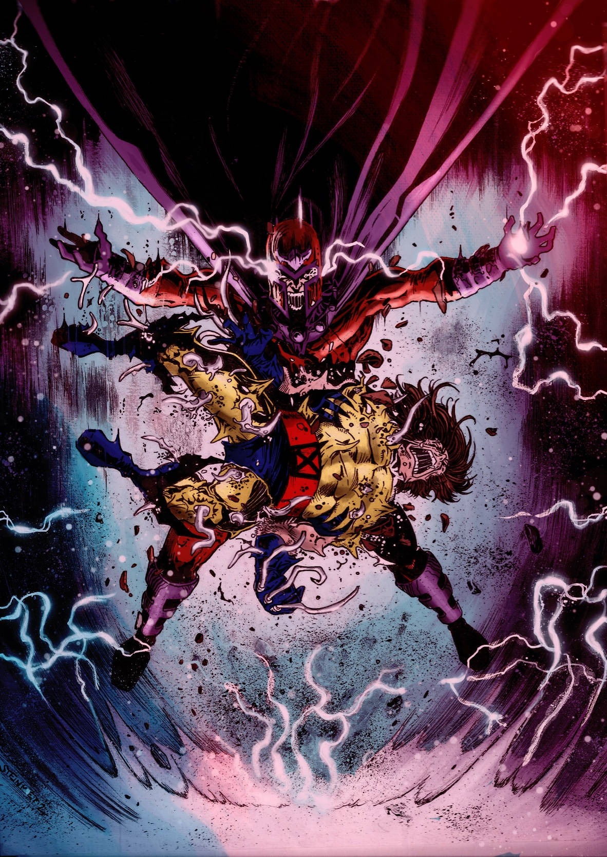 Magneto, purple and blue lightning, cosmic background, HD Phone Wallpaper