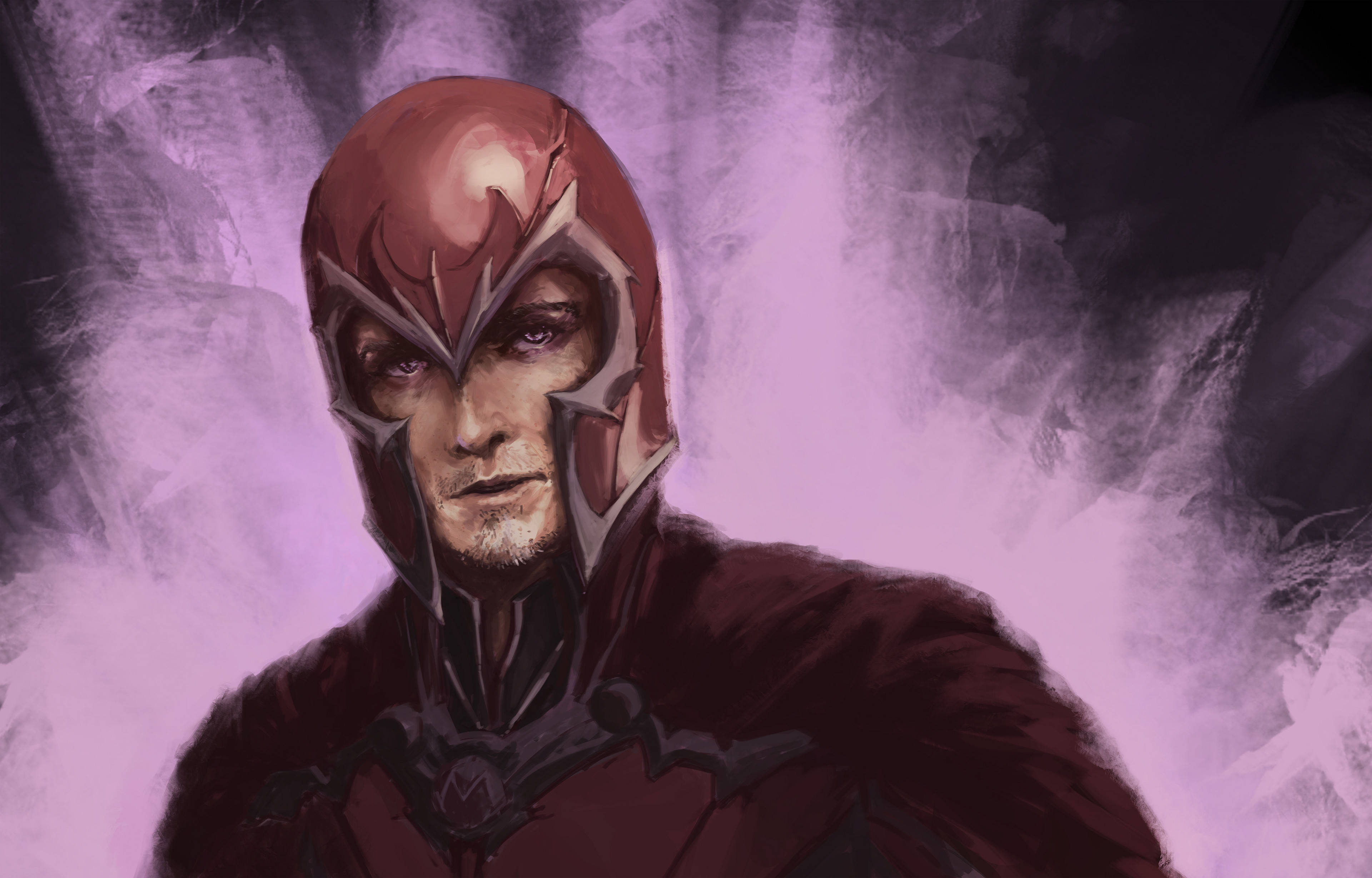 Magneto, red and silver armor, swirling purple and gray energy field, 4K Desktop Wallpaper