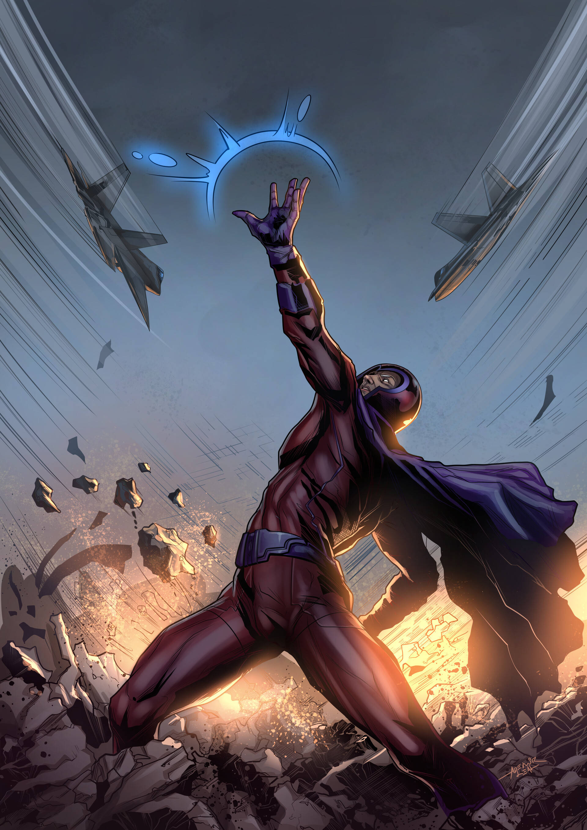 Magneto, red and purple suit, glowing blue energy ring, 2K Phone Wallpaper