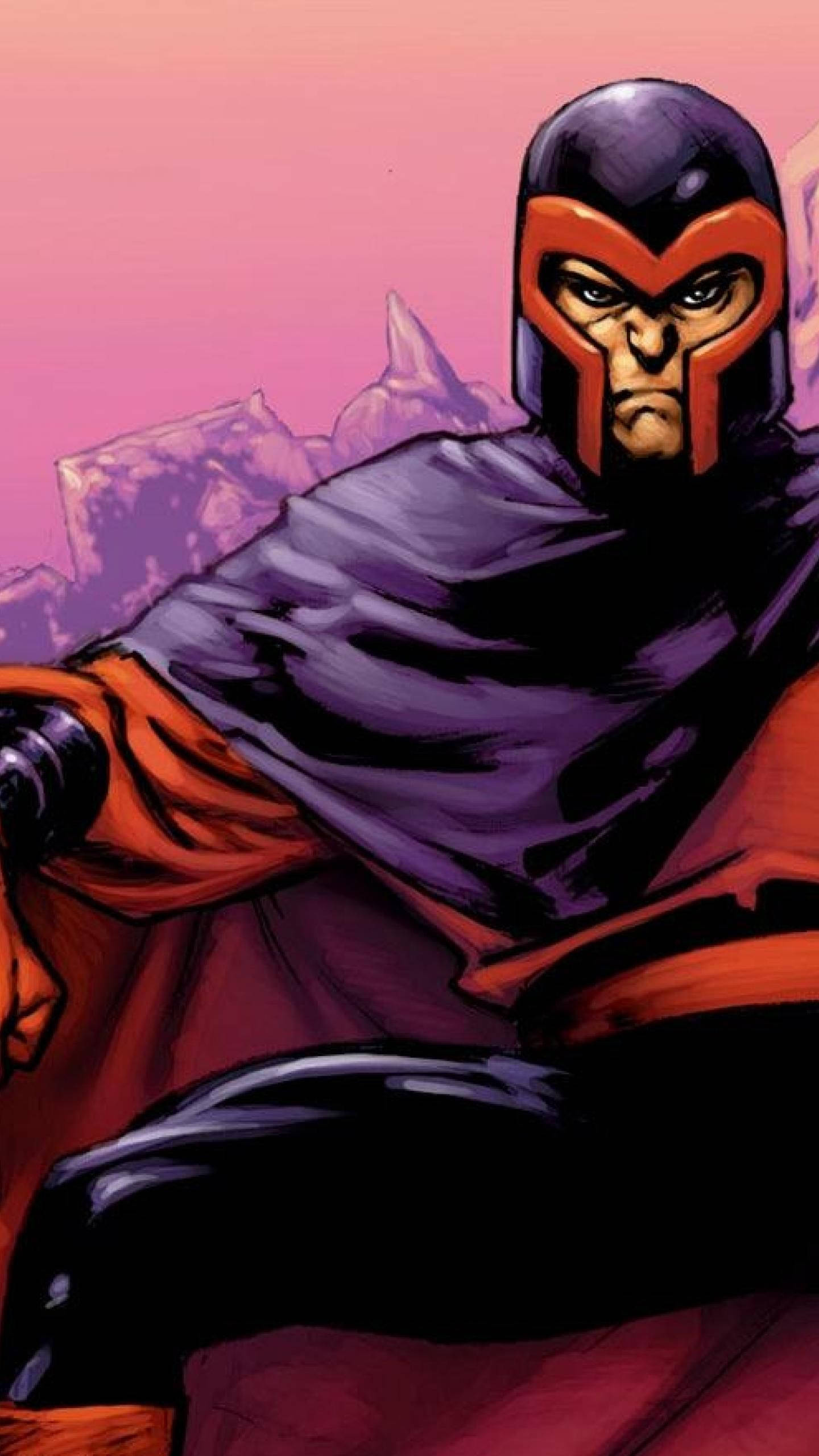 Magneto, purple and red costume, pink and purple mountainous backdrop, 2K Phone Wallpaper