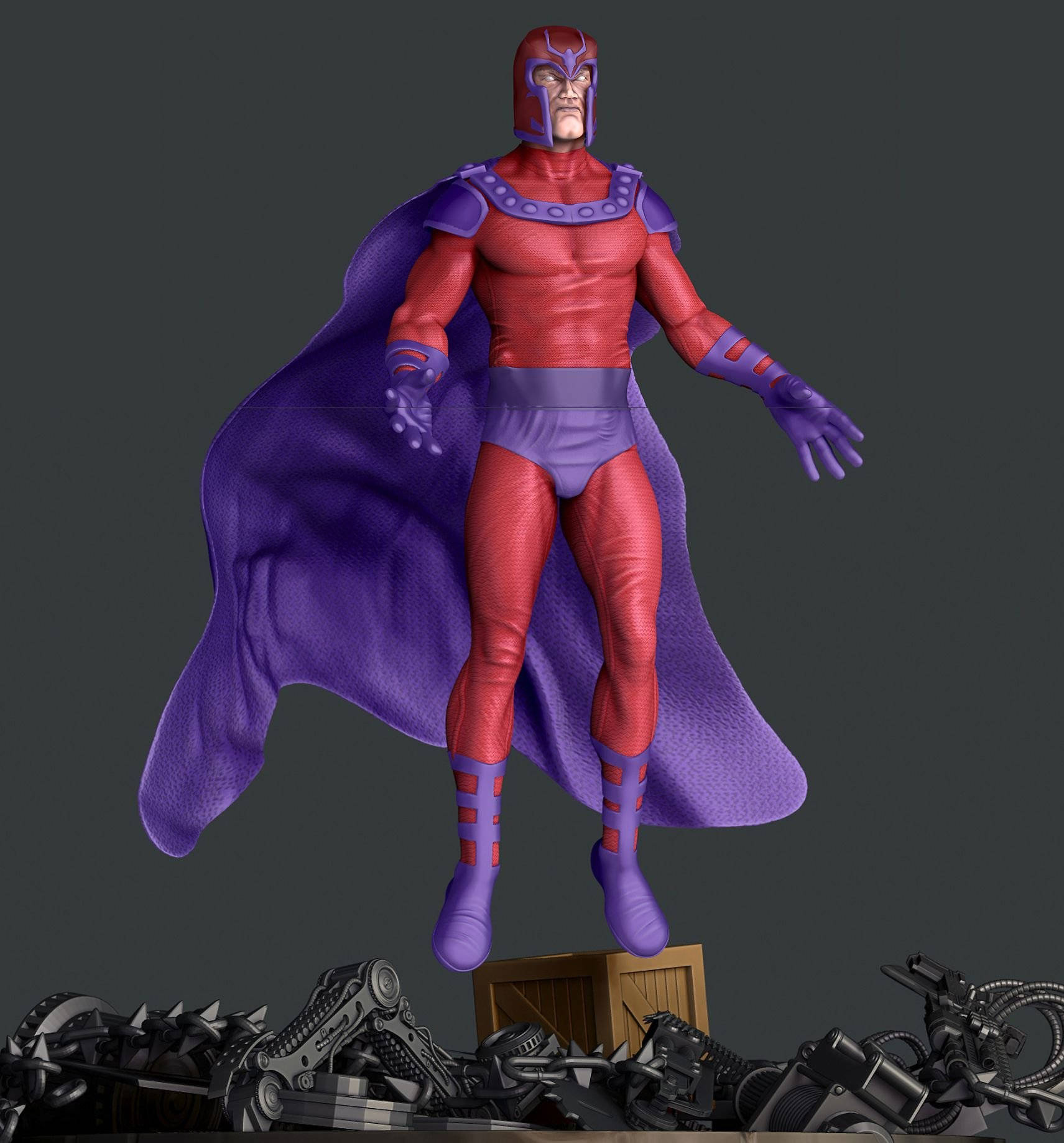 Magneto, red and purple costume, mechanical wreckage, HD Phone Wallpaper