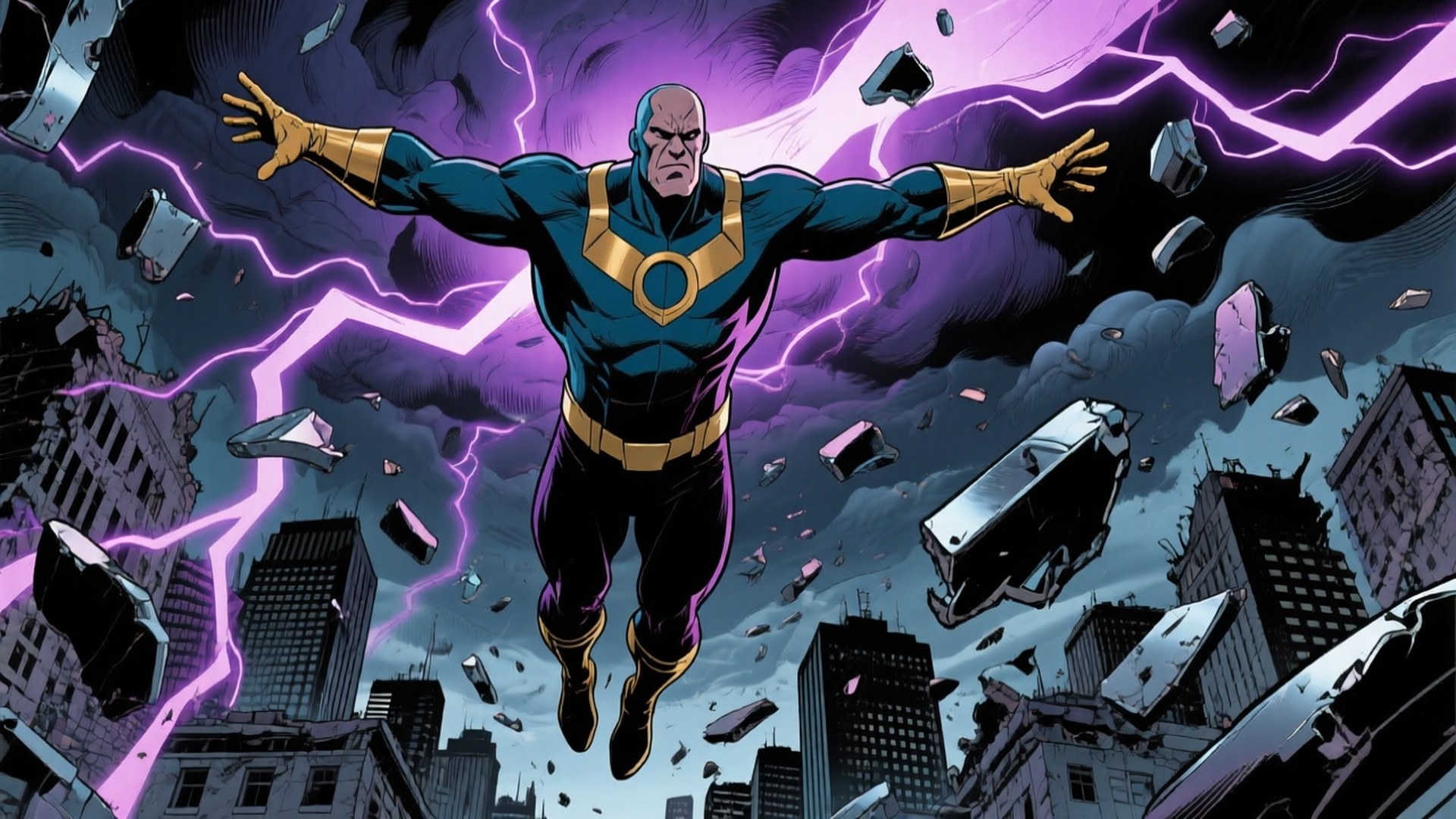 Magneto, blue and gold suit, purple lightning, Full HD Desktop Wallpaper