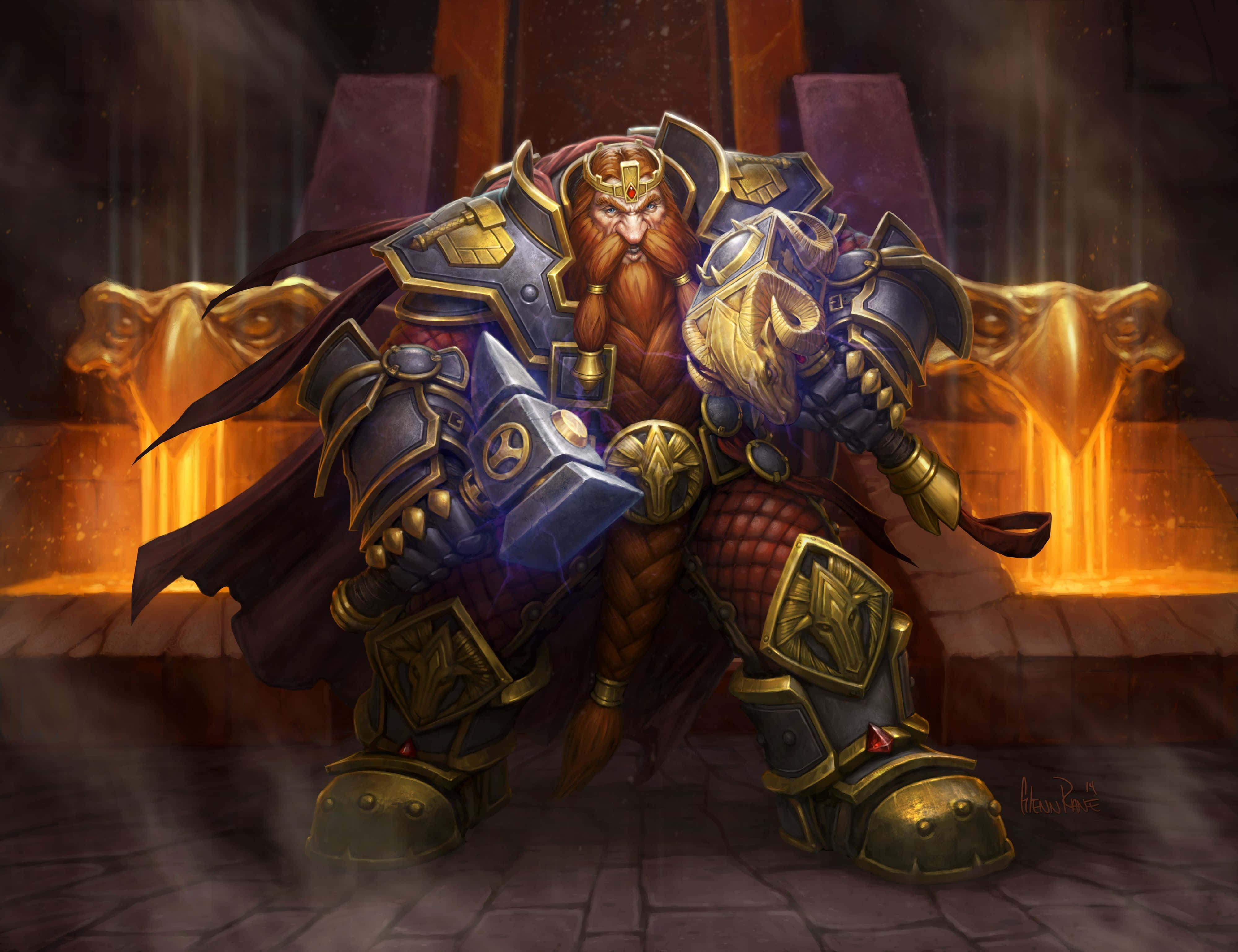 Magni Bronzebeard, blue and gold armor, glowing hammer, 4K Desktop Wallpaper