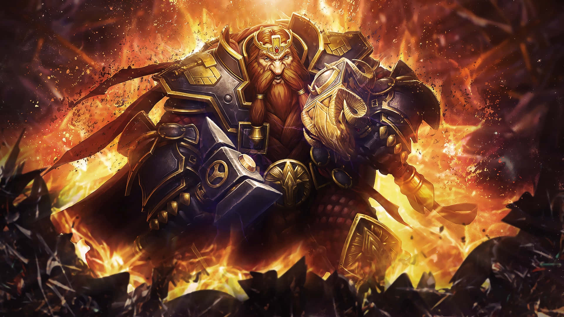 Magni Bronzebeard, lion-headed warrior, ornate golden armor, Full HD Desktop Wallpaper