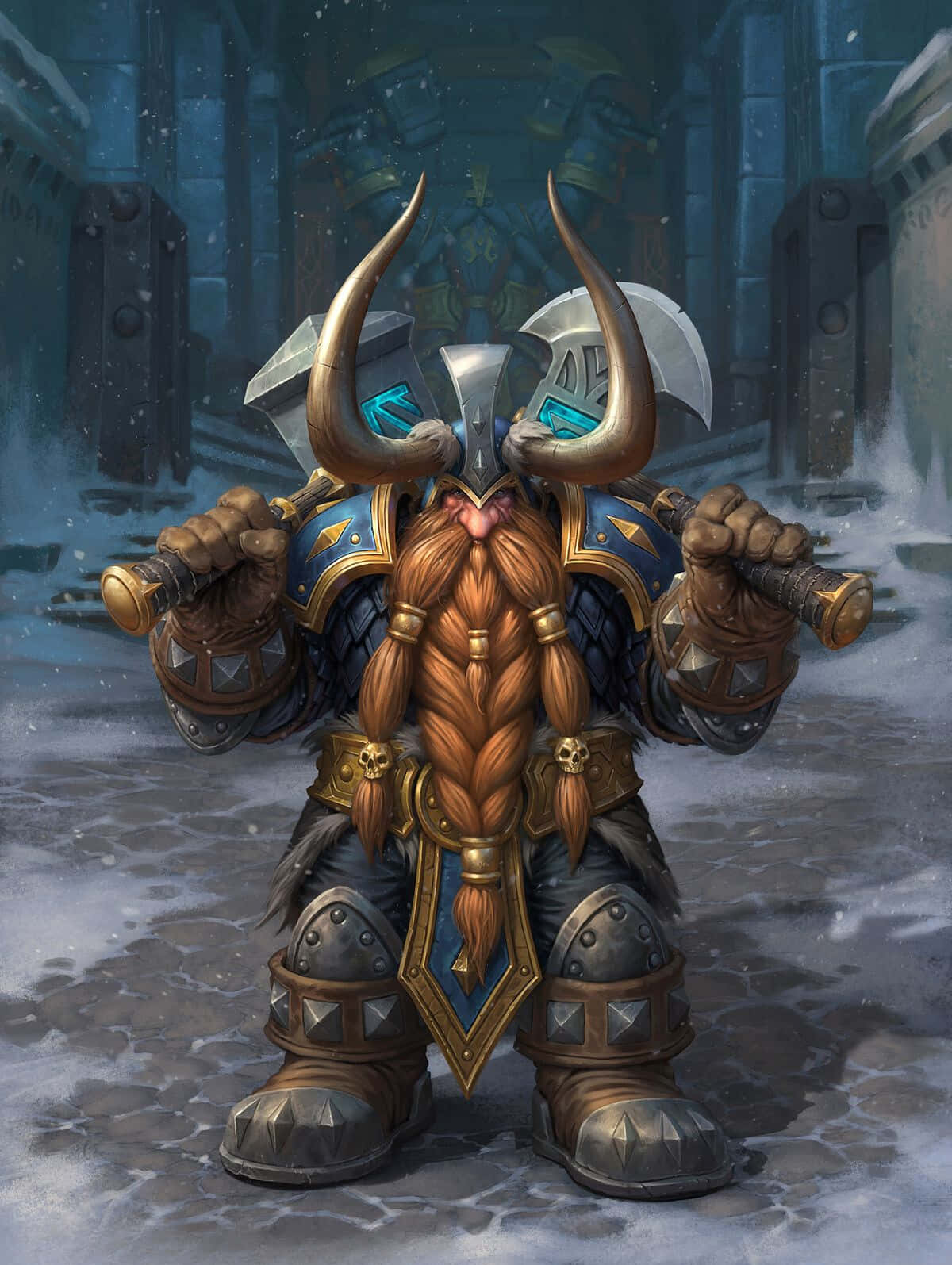 Magni Bronzebeard, horned helmet, snow-covered stone ruins, HD Phone Wallpaper