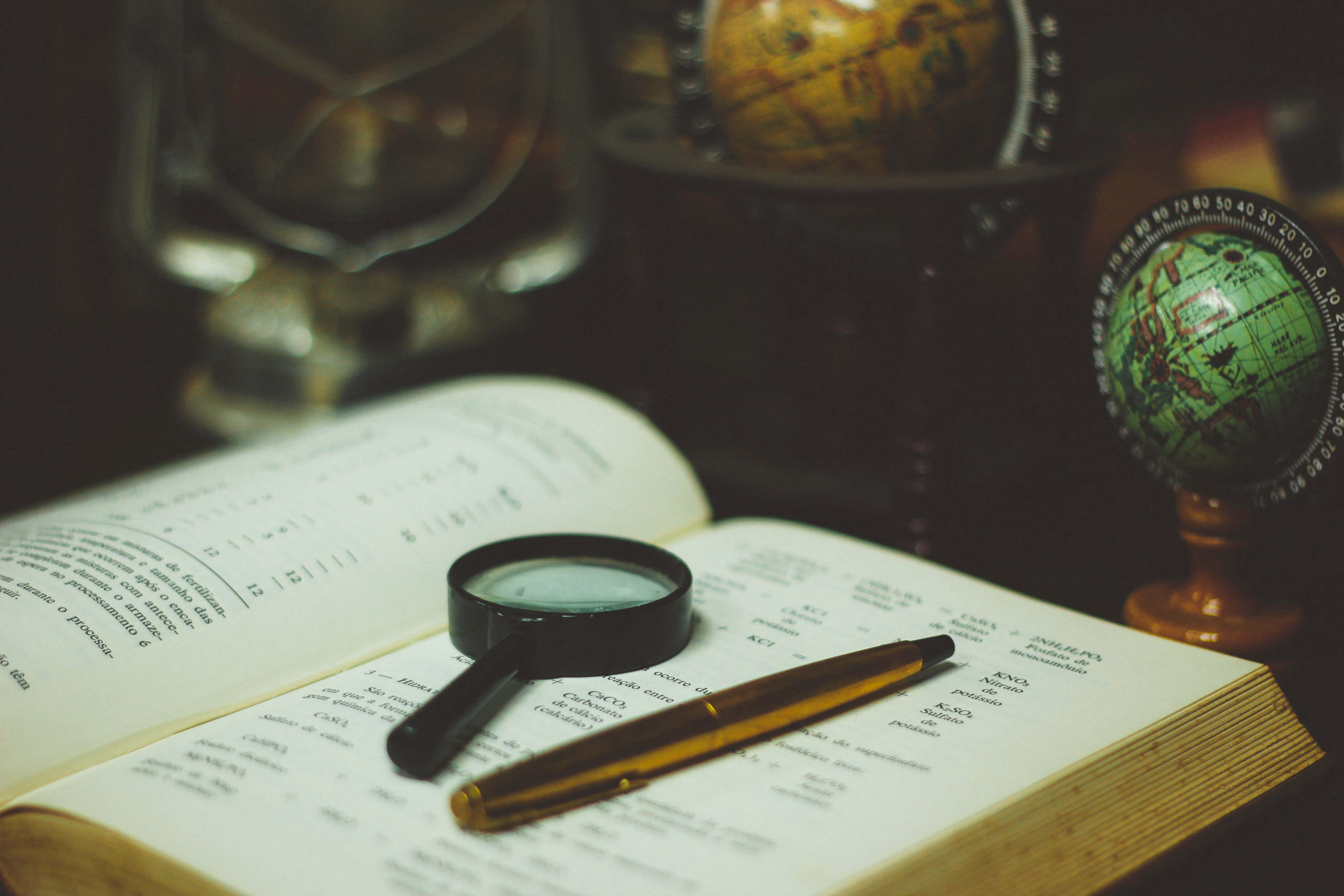 magnifying glass, open book, globe, 5K Desktop Wallpaper