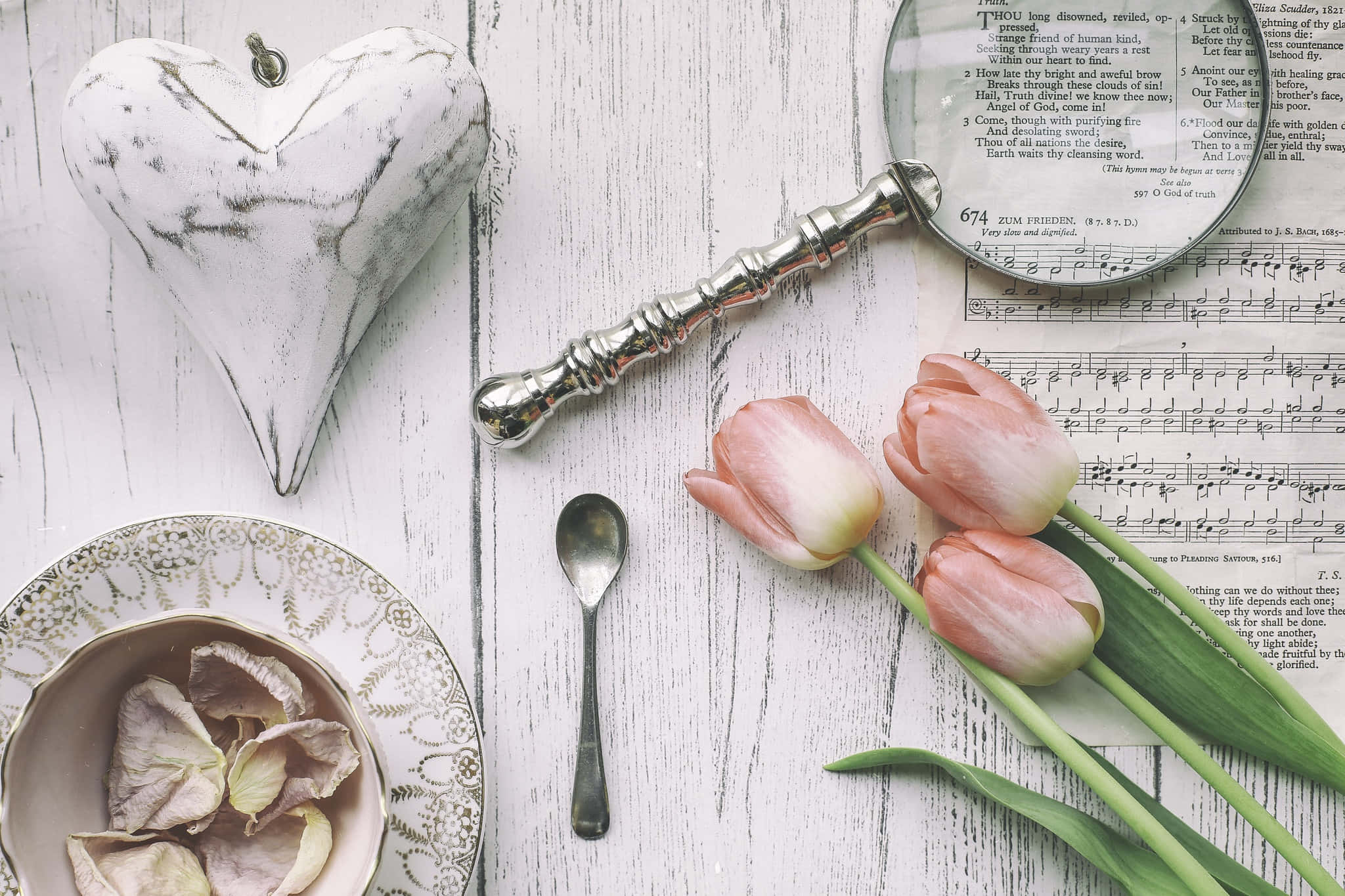 magnifying glass, pink tulips, sheet music, Full HD Desktop Wallpaper