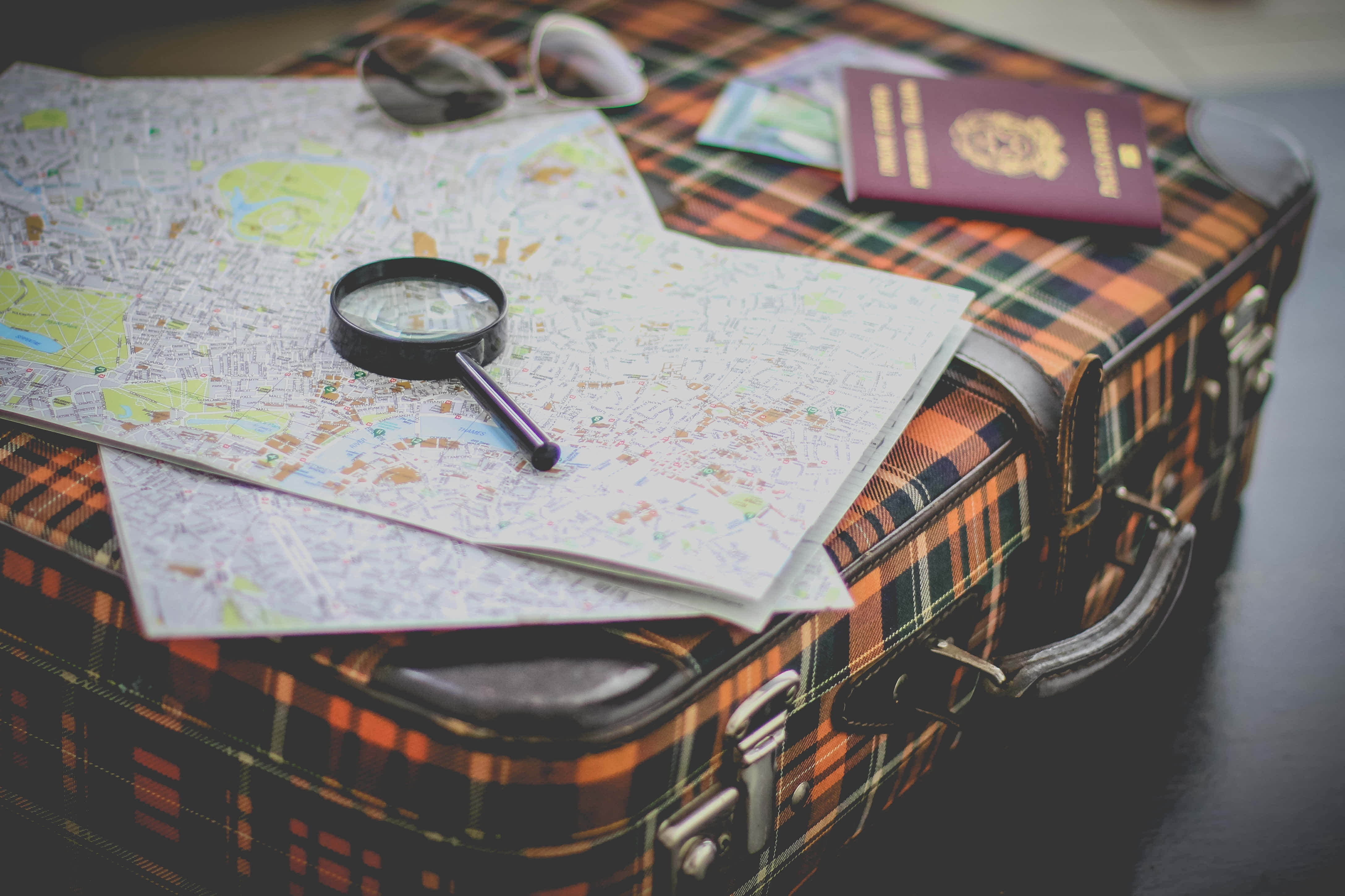 magnifying glass, plaid suitcase, passport map, 4K Desktop Wallpaper