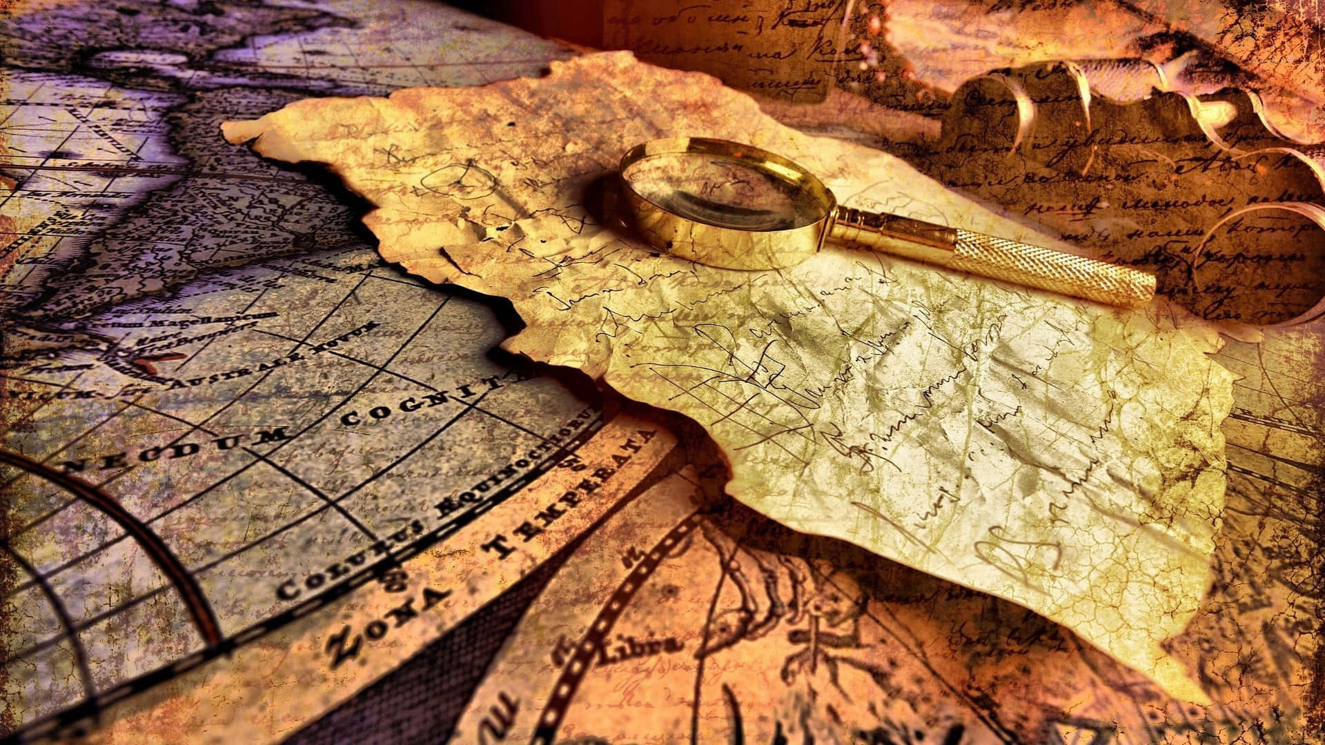 vintage brass magnifying glass, antique map, faded Latin text, Full HD Desktop Wallpaper