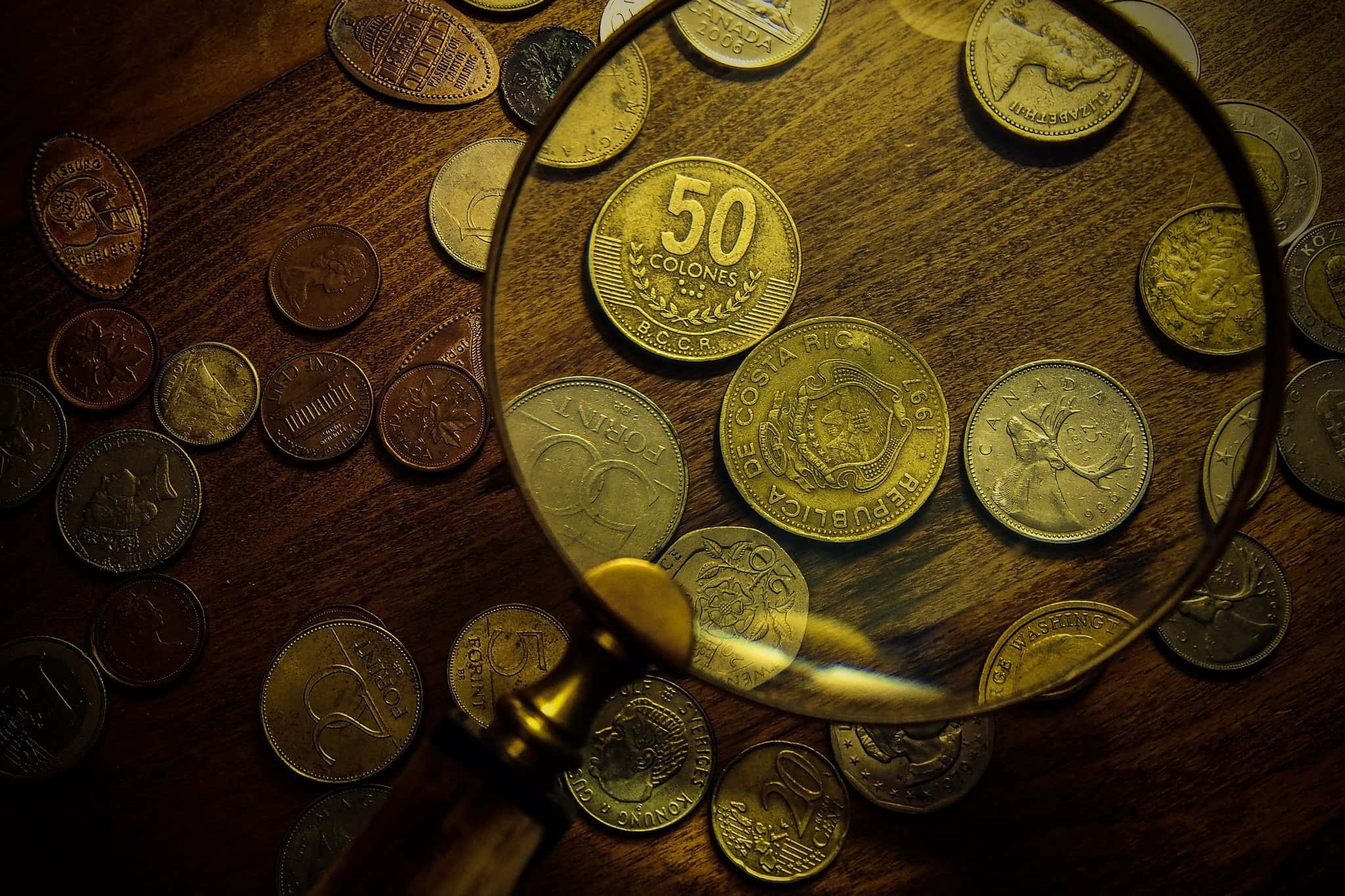 magnifying glass, 50 cents, Costa Rican coins, Full HD Desktop Wallpaper