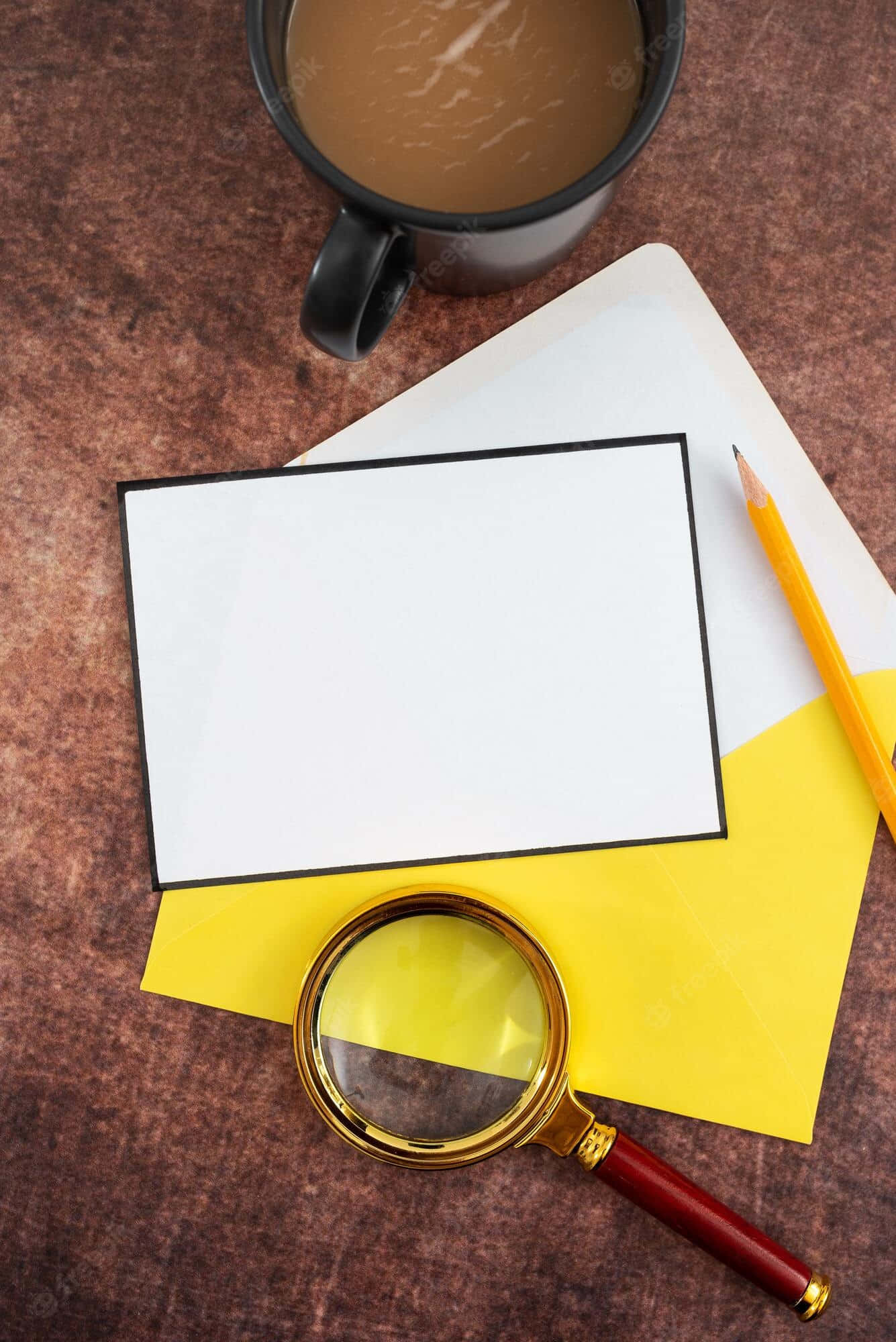magnifying glass, black mug, yellow paper, Full HD Phone Wallpaper