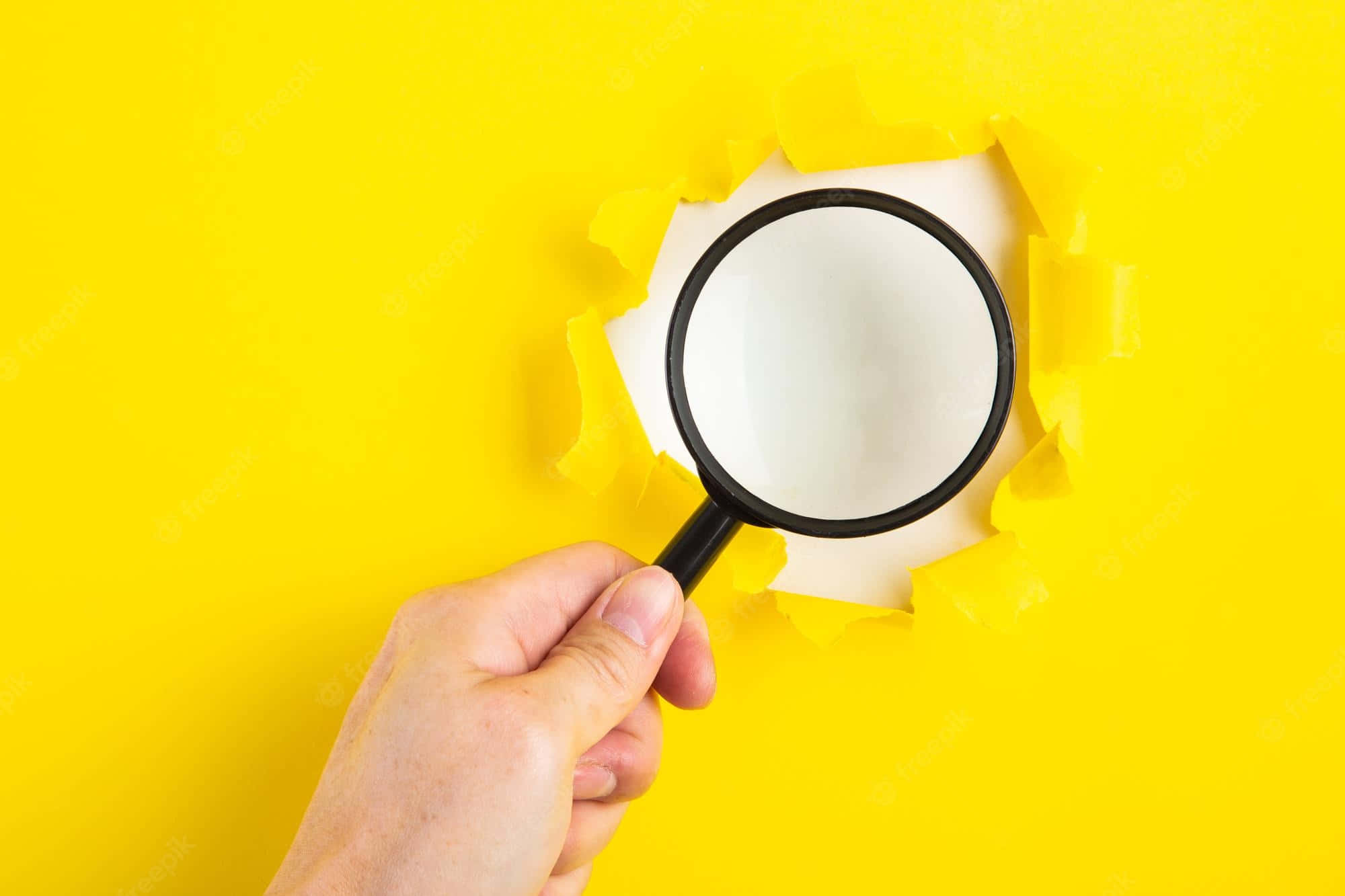 magnifying glass, yellow background, torn hole, Full HD Desktop Wallpaper