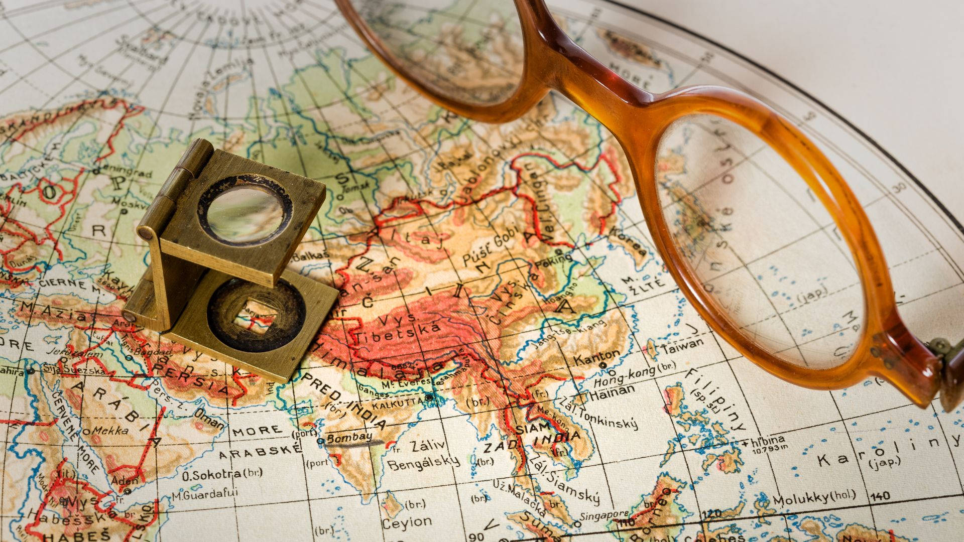brass compass, amber glasses, vintage map of Asia and the Indian Ocean, Full HD Desktop Wallpaper