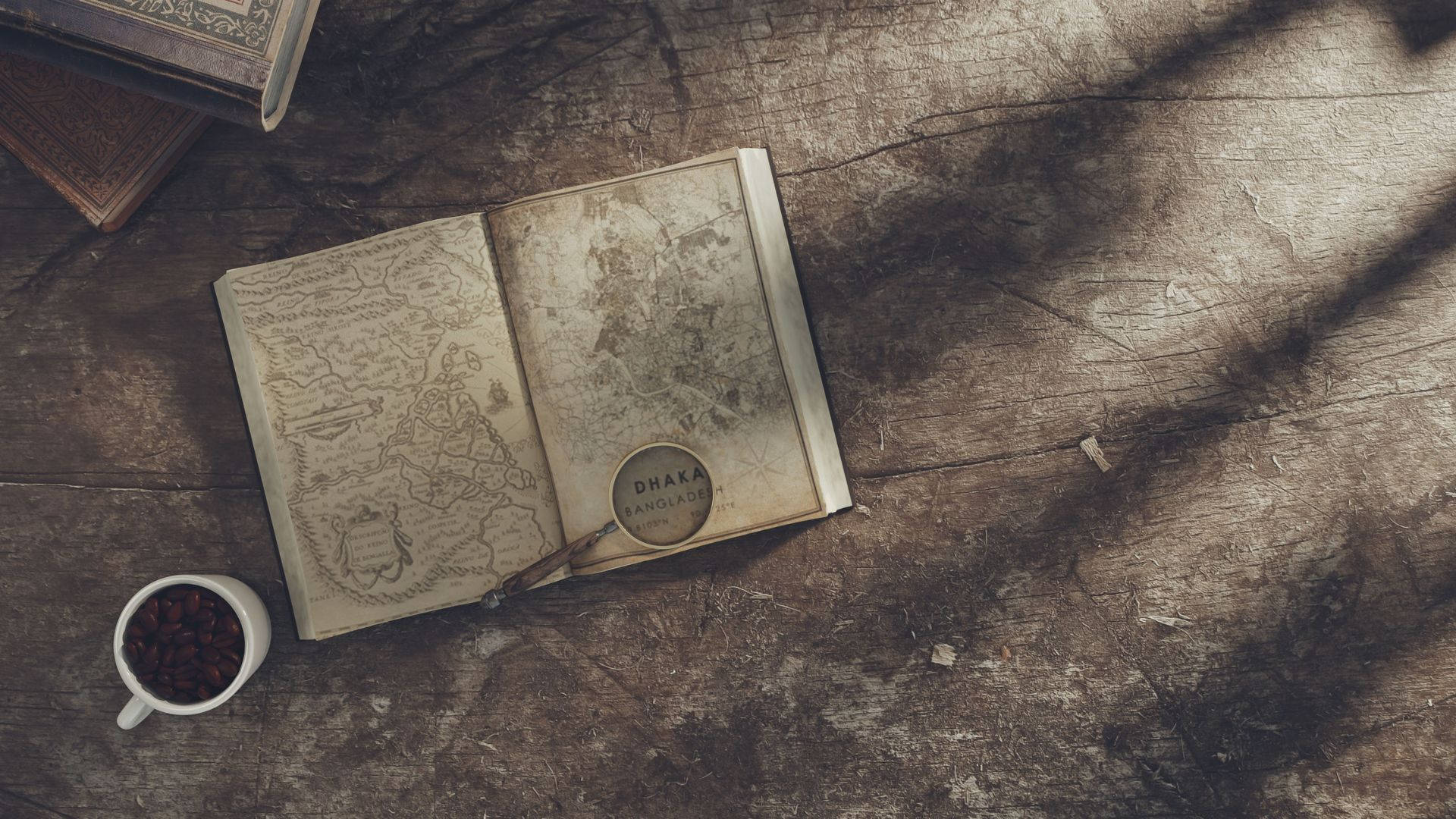 vintage map book, weathered wooden table, cup of coffee, Full HD Desktop Wallpaper