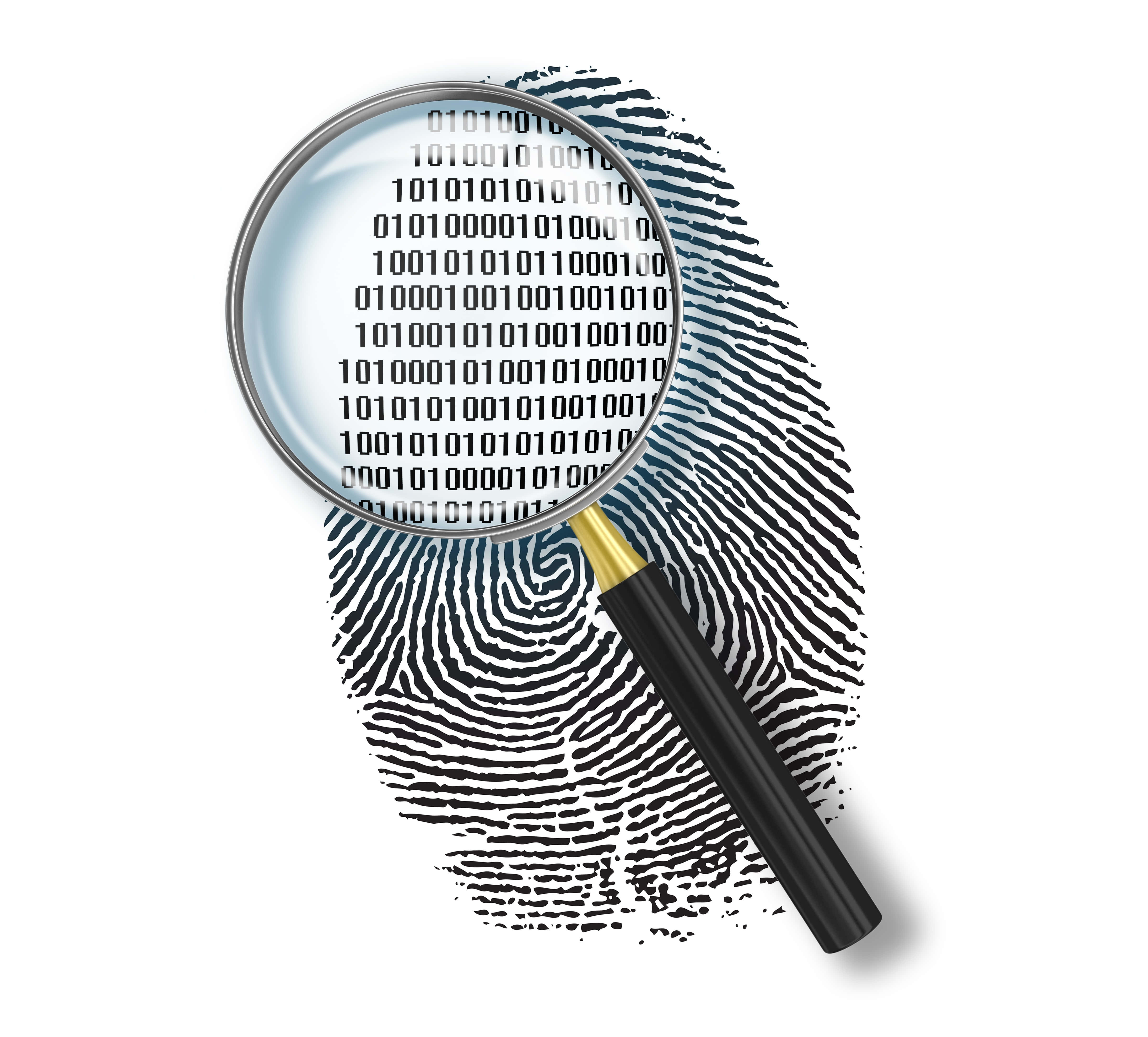magnifying glass, binary code, black fingerprint, 4K Desktop Wallpaper