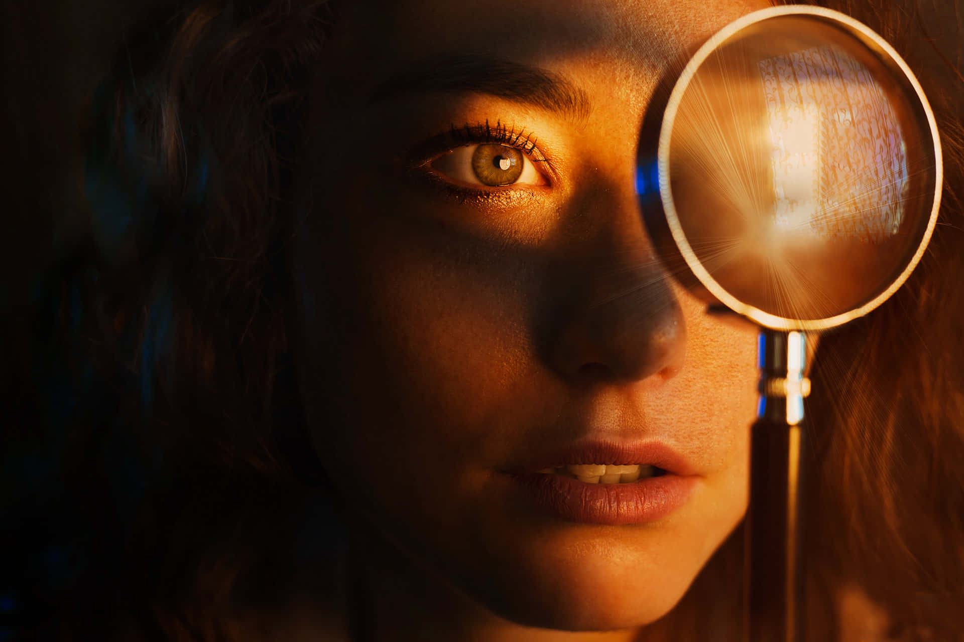magnifying glass, glowing digital pattern, warm light, Full HD Desktop Wallpaper