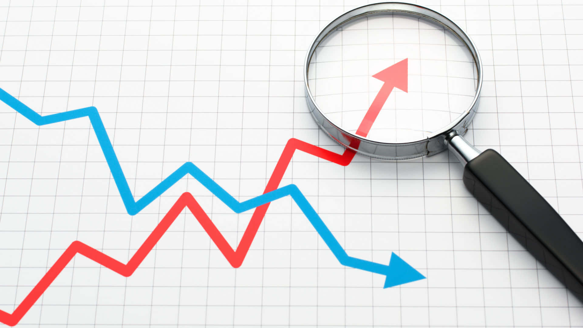 magnifying glass, rising red arrow, falling blue arrow, Full HD Desktop Wallpaper