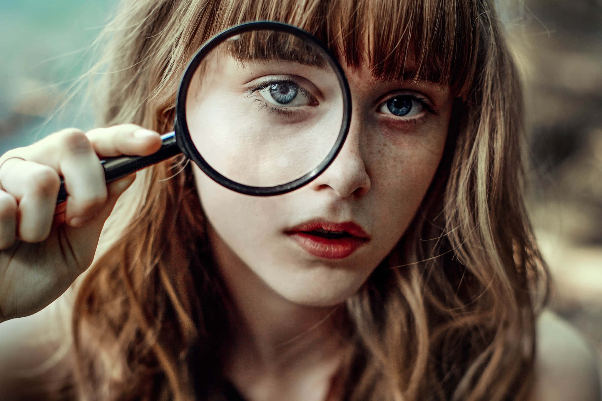 magnifying glass, freckles, intense blue eyes, Full HD Desktop Wallpaper