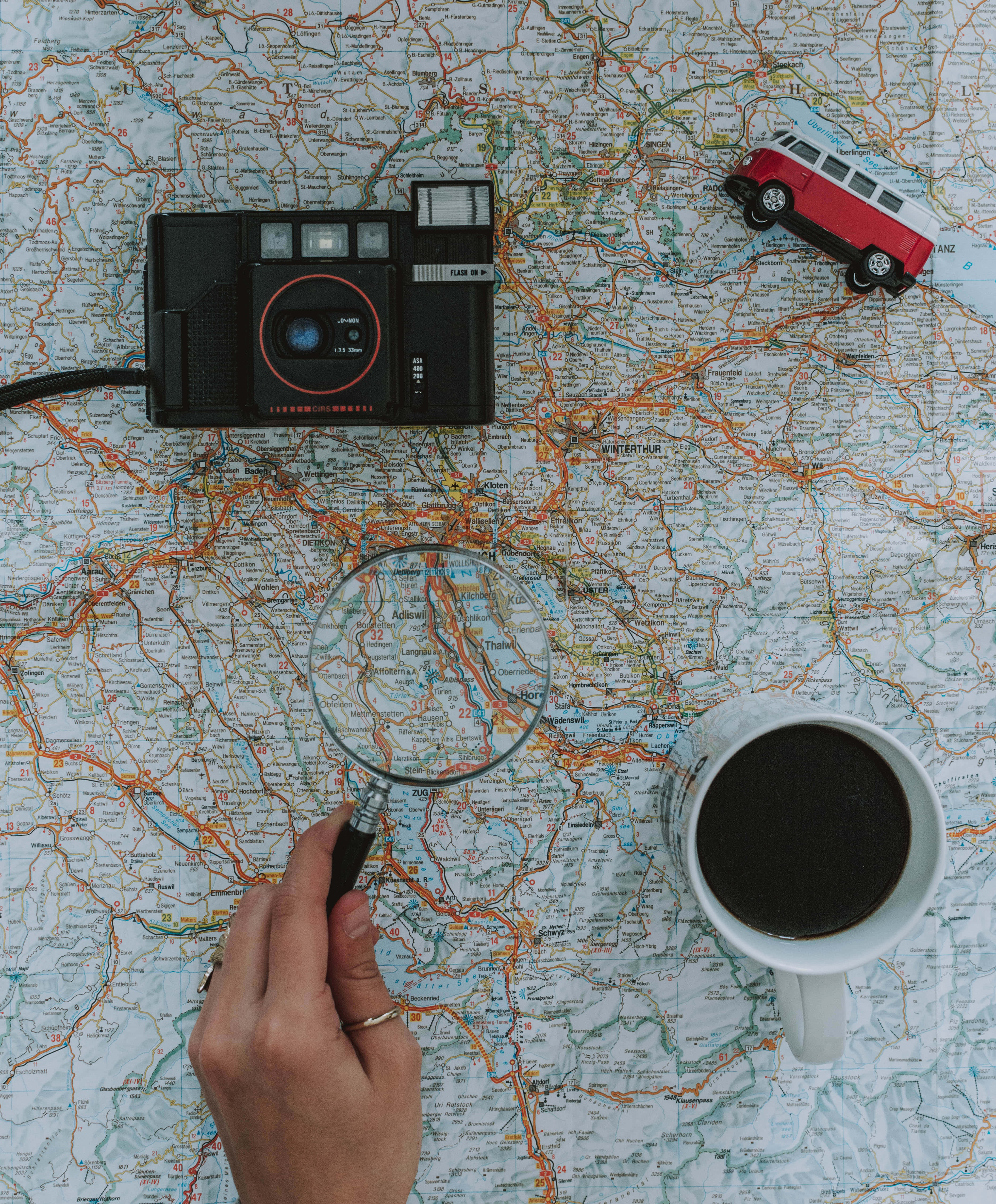 magnifying glass, road map, vintage camera, 4K Phone Wallpaper