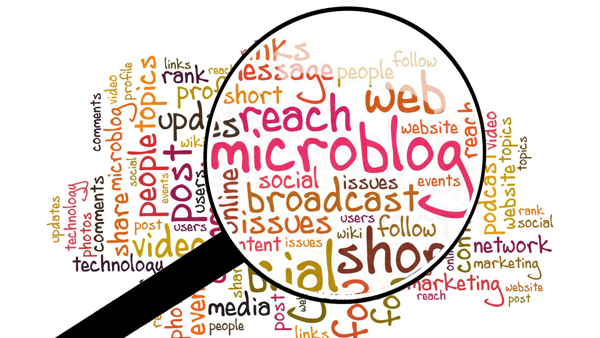 magnifying glass, word microblog, colorful word cloud, Full HD Desktop Wallpaper
