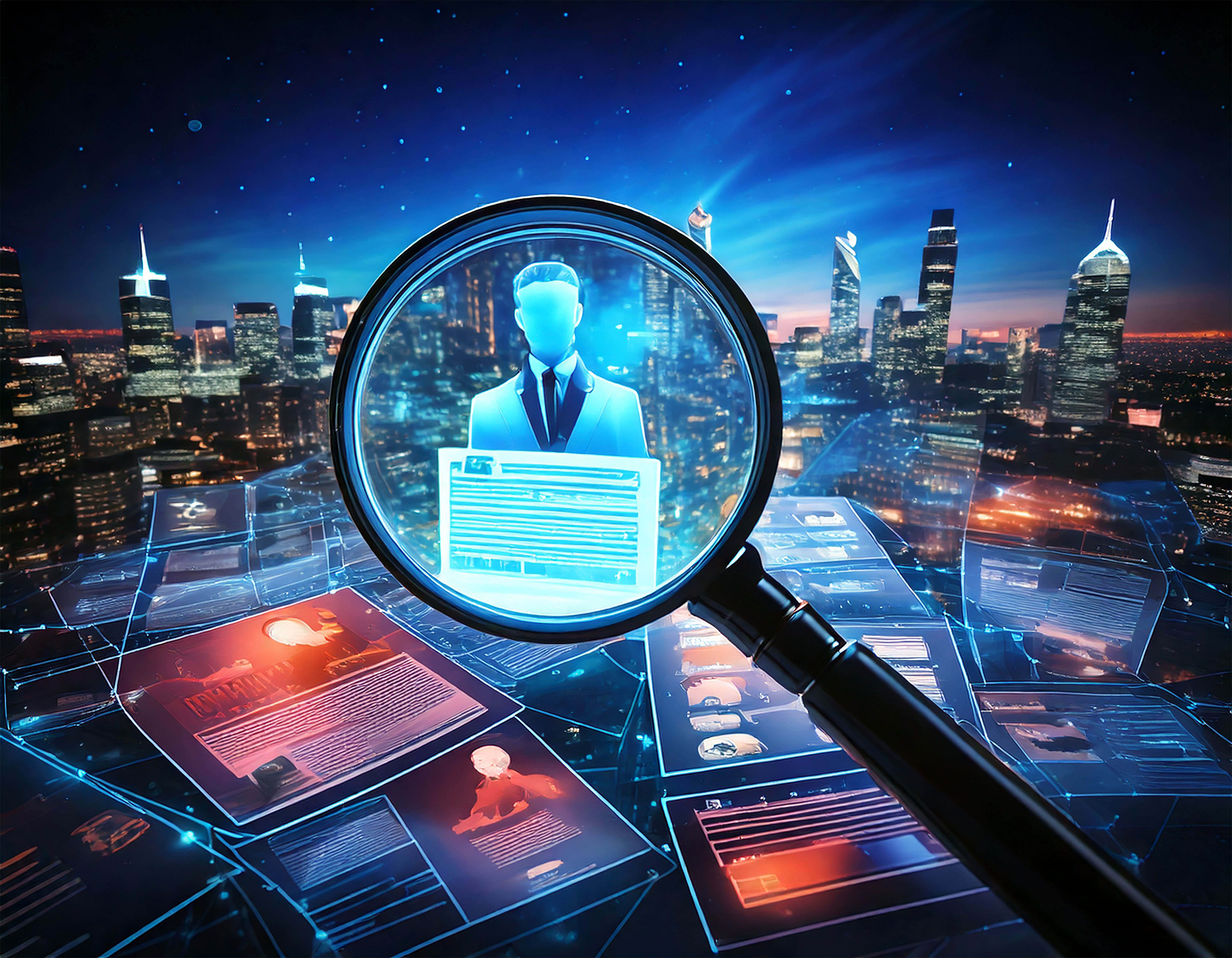 magnifying glass, glowing blue digital avatar, futuristic city skyline, 8K Desktop Wallpaper