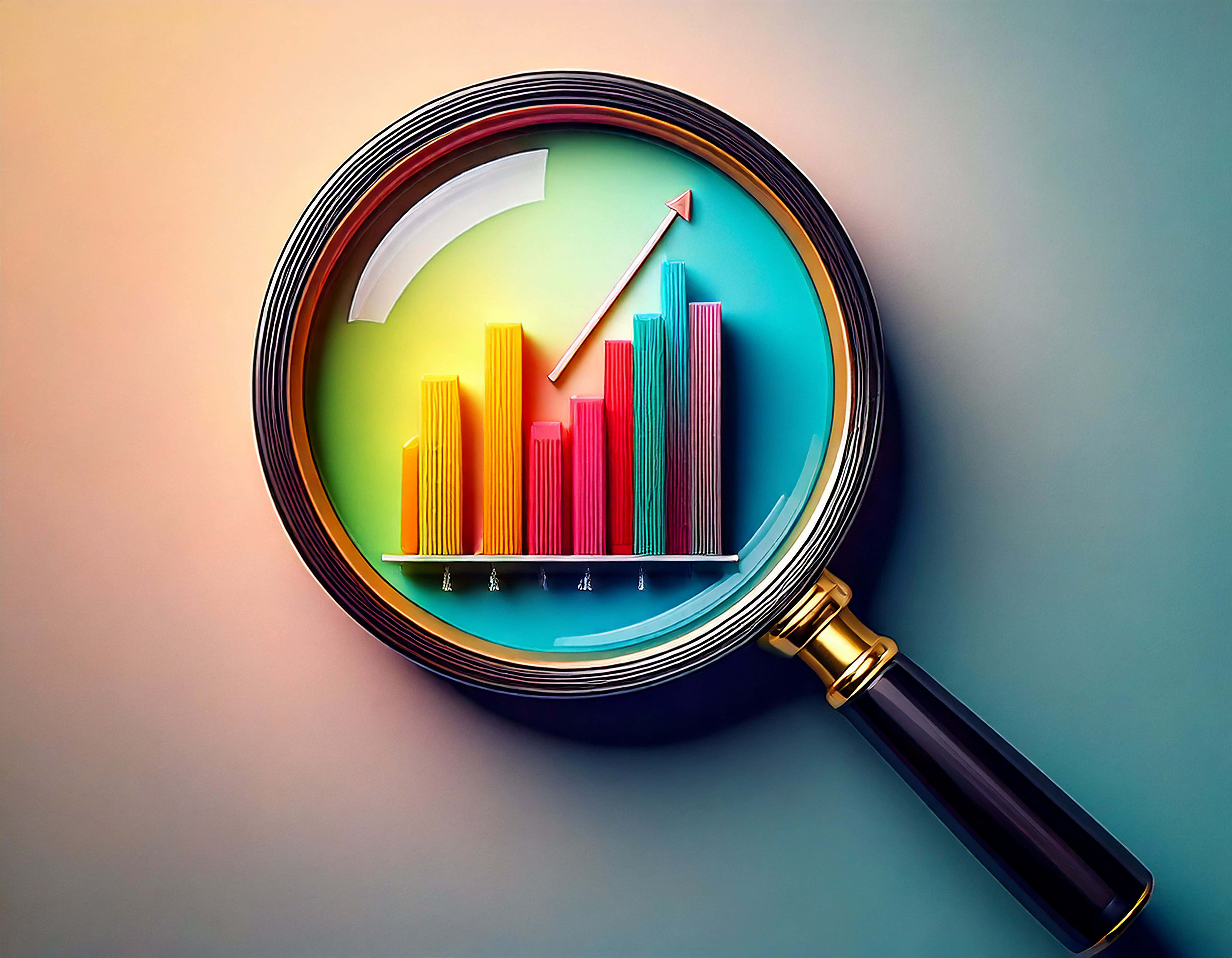 magnifying glass, rainbow bar chart, upward arrow, 5K Desktop Wallpaper
