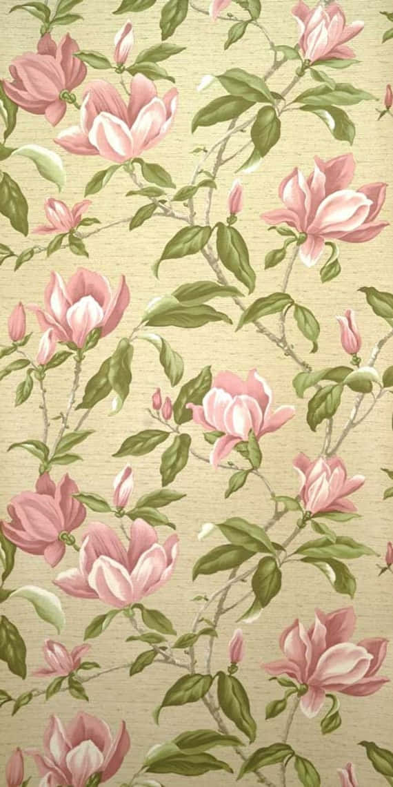 70s floral, Pink Magnolia, beige textured background, SD Phone Wallpaper