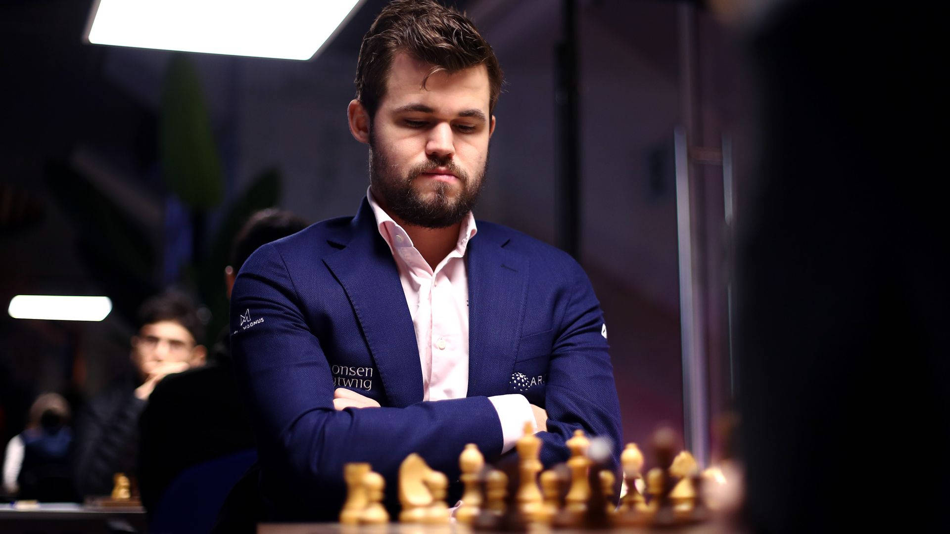 Magnus Carlsen, blue suit, chess player, Full HD Desktop Wallpaper