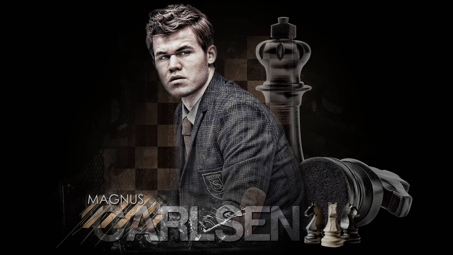Magnus Carlsen, giant chess pieces, checkered board, Full HD Desktop Wallpaper