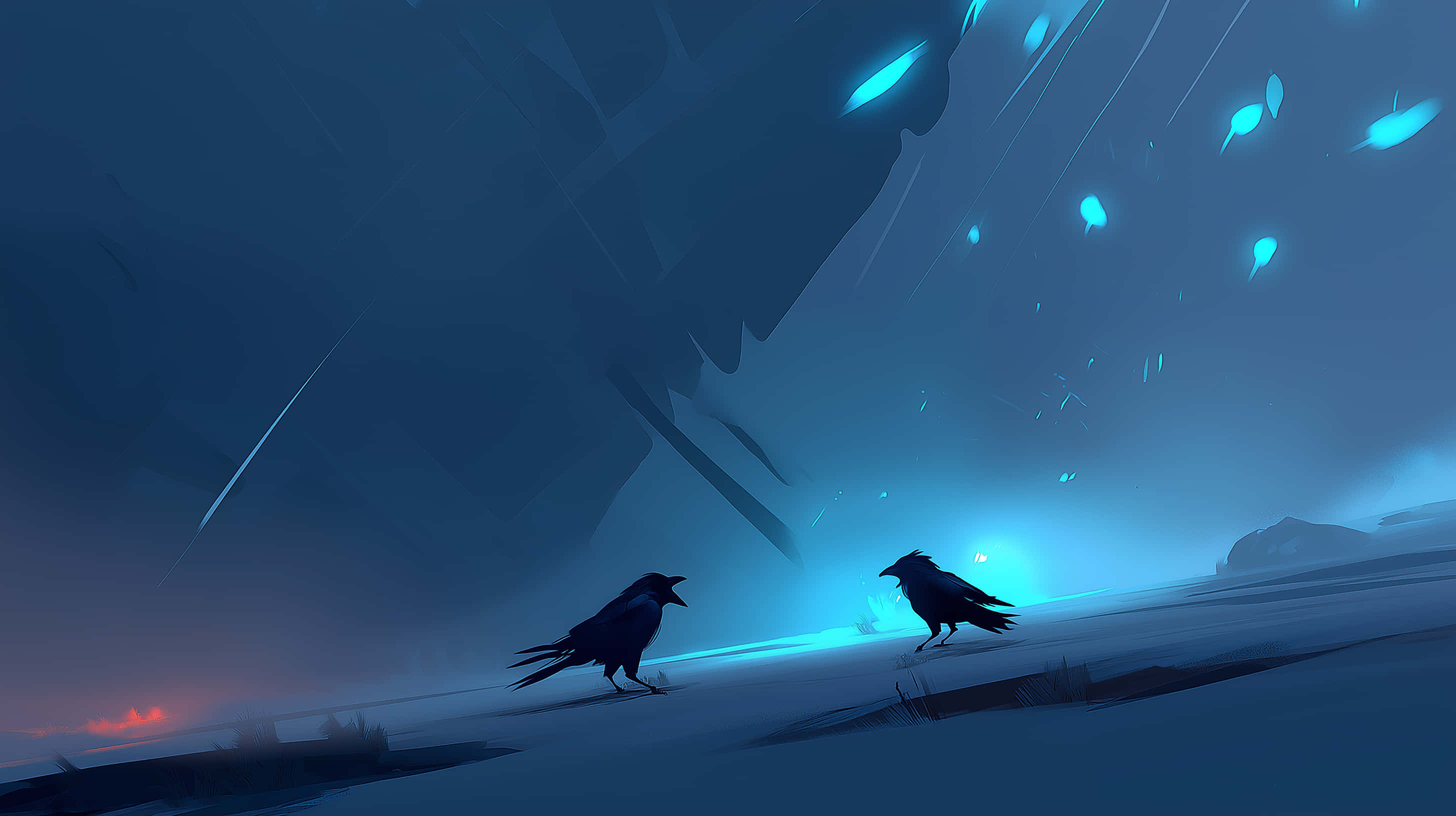two crows, luminous winter landscape, snowy plain, 2K Desktop Wallpaper