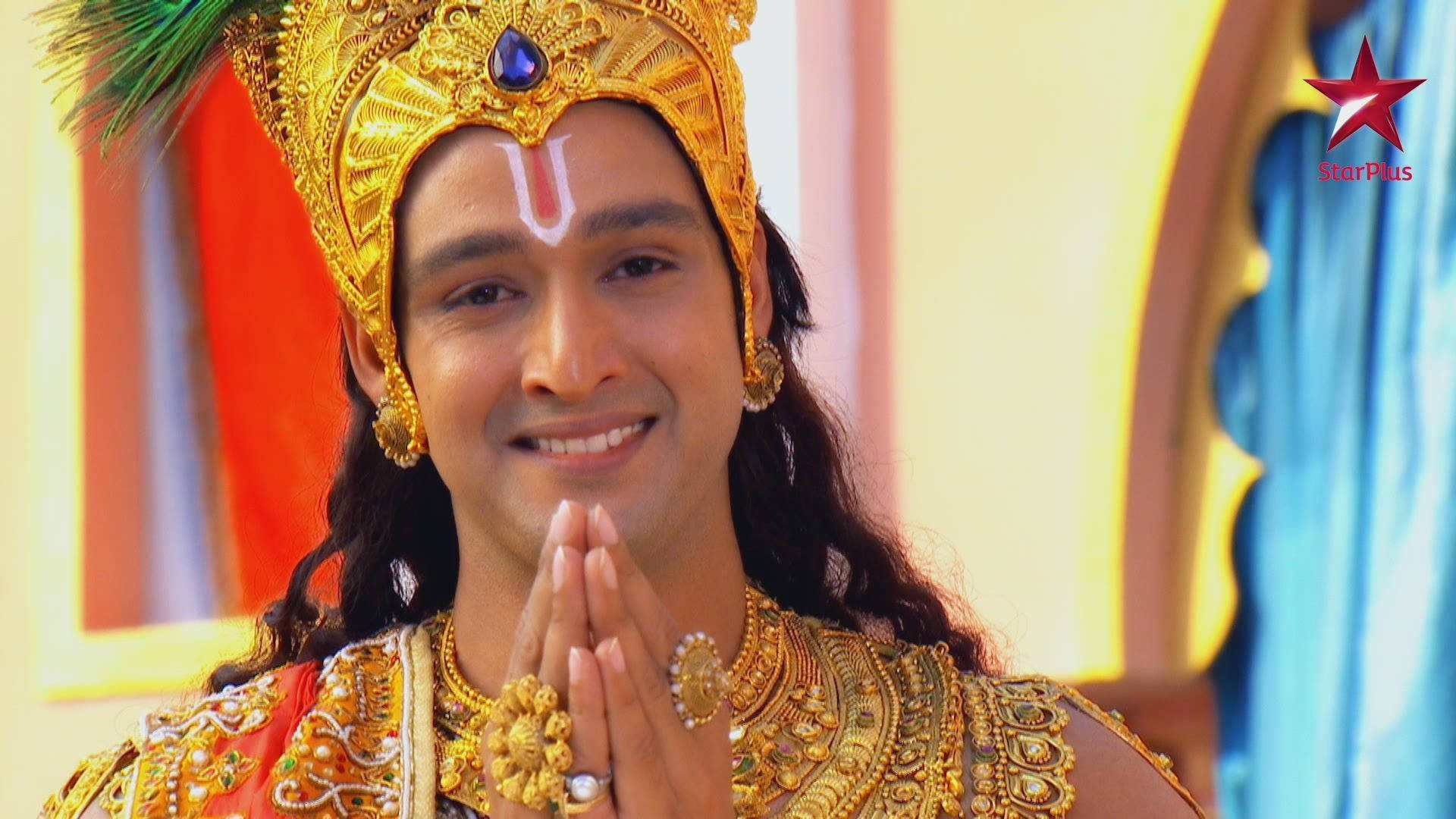 Mahabharat Krishna, golden deity costume, blue gem crown, Full HD Desktop Wallpaper