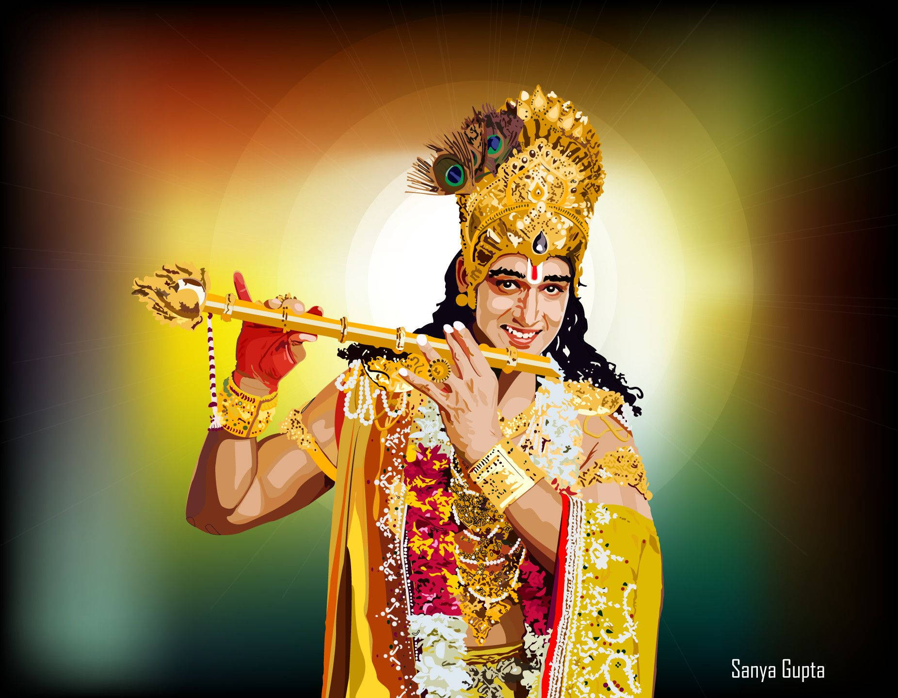 Mahabharat Krishna, golden crown, peacock feathers, HD Desktop Wallpaper