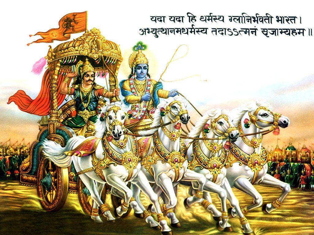 Mahabharat Krishna, golden chariot, four white horses, SD Desktop Wallpaper