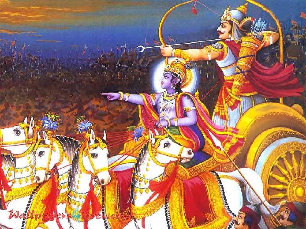 Mahabharat Krishna, golden chariot, four white horses, SD Desktop Wallpaper