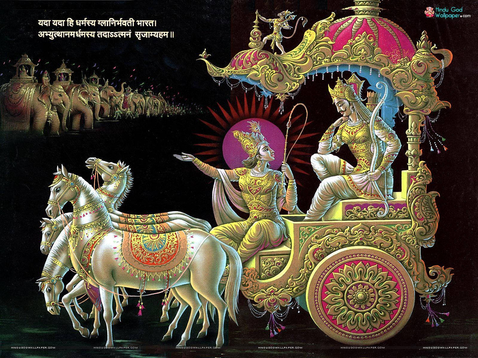 Mahabharat Krishna, golden chariot, white horses, HD Desktop Wallpaper