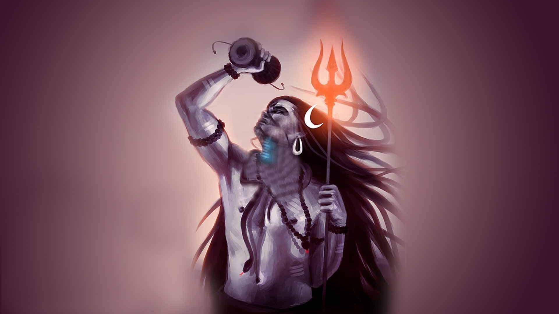 Mahadev Rudra Avatar, glowing trident, liquid from a vessel, Full HD Desktop Wallpaper