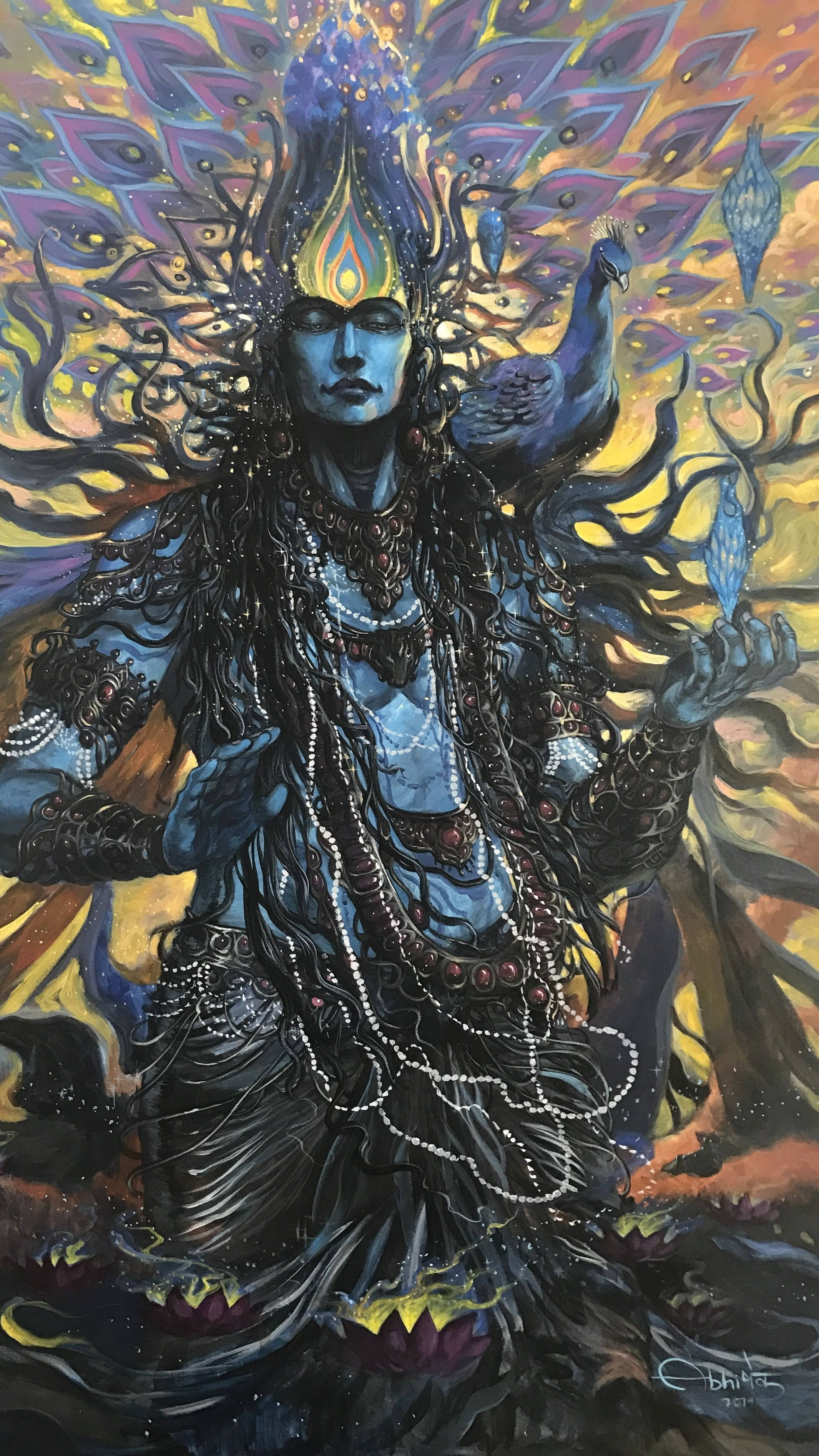 Mahadev Rudra Avatar, blue-skinned deity, intricate jewelry, 2K Phone Wallpaper