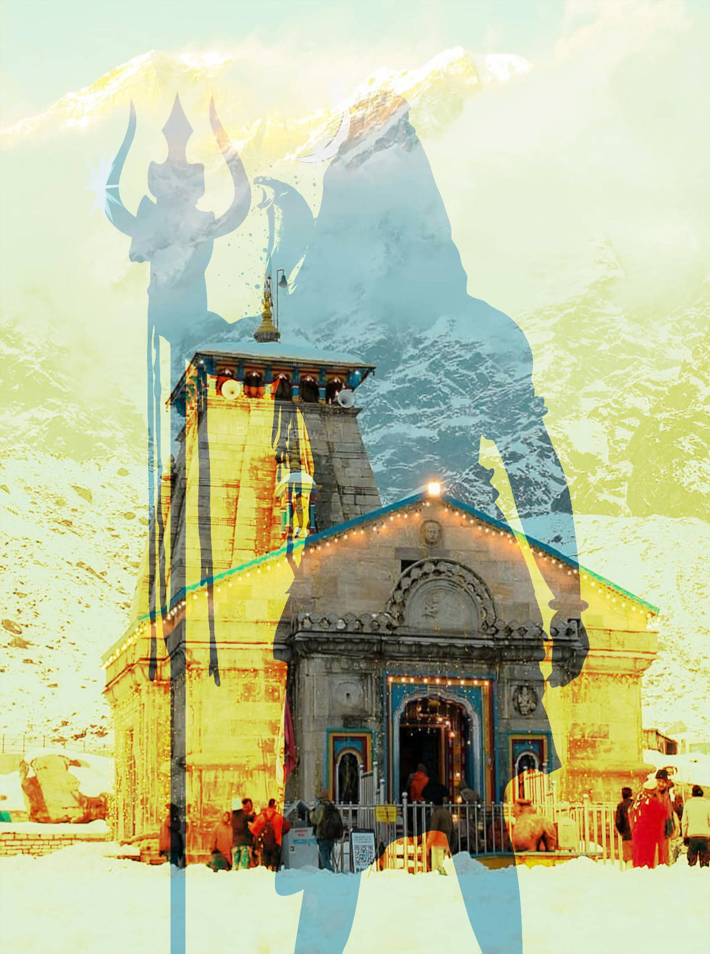 Mahadev Rudra Avatar, snow-covered mountain temple, giant deity silhouette, HD Phone Wallpaper