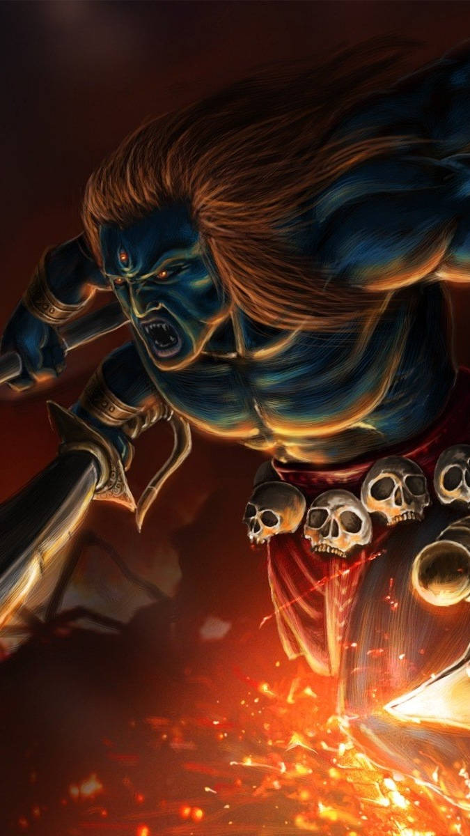 Mahadev Rudra Avatar, blue-skinned warrior, long hair, SD Phone Wallpaper