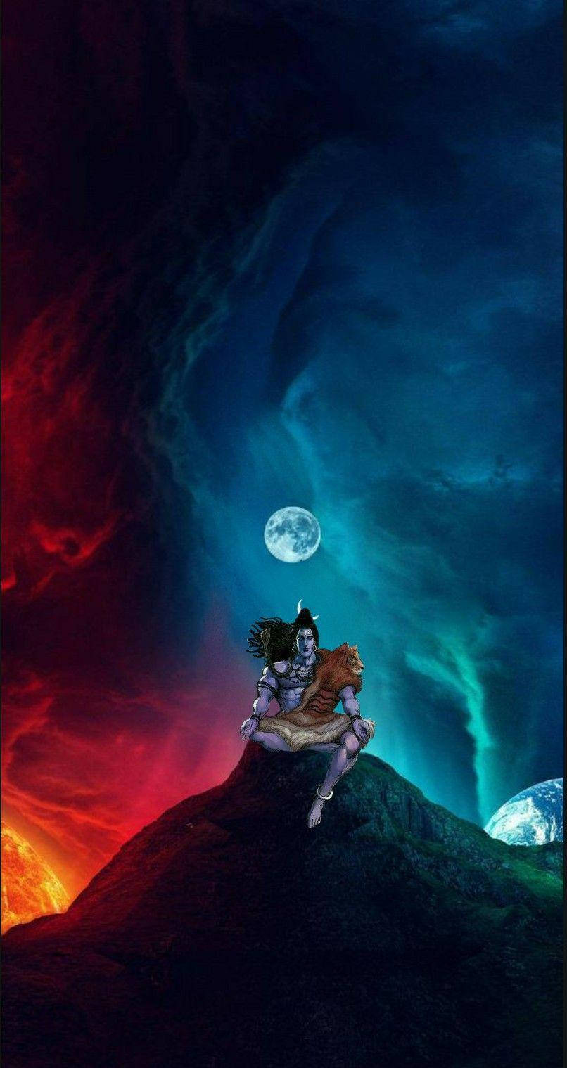 Mahadev Rudra Avatar, mountain peak, full moon, HD Phone Wallpaper