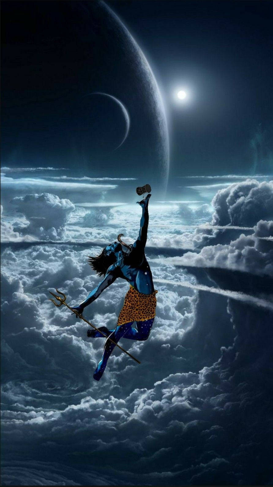 Mahadev, blue-skinned warrior, massive moon, HD Phone Wallpaper