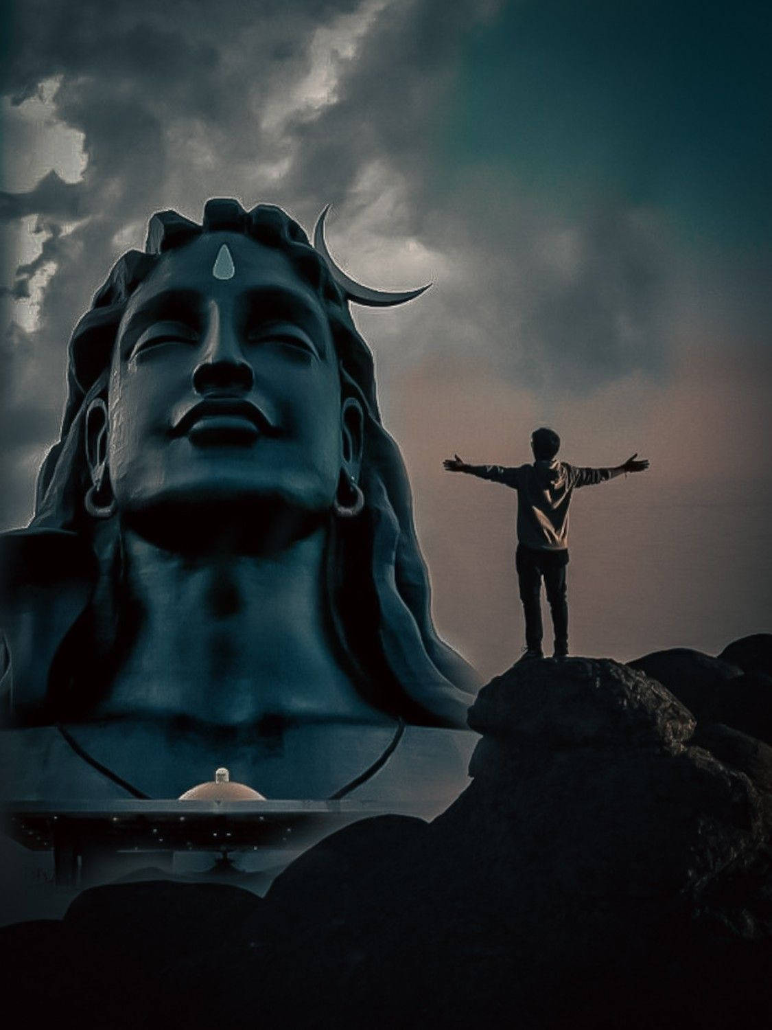 Mahadev, blue Shiva statue, stormy sky, HD Phone Wallpaper