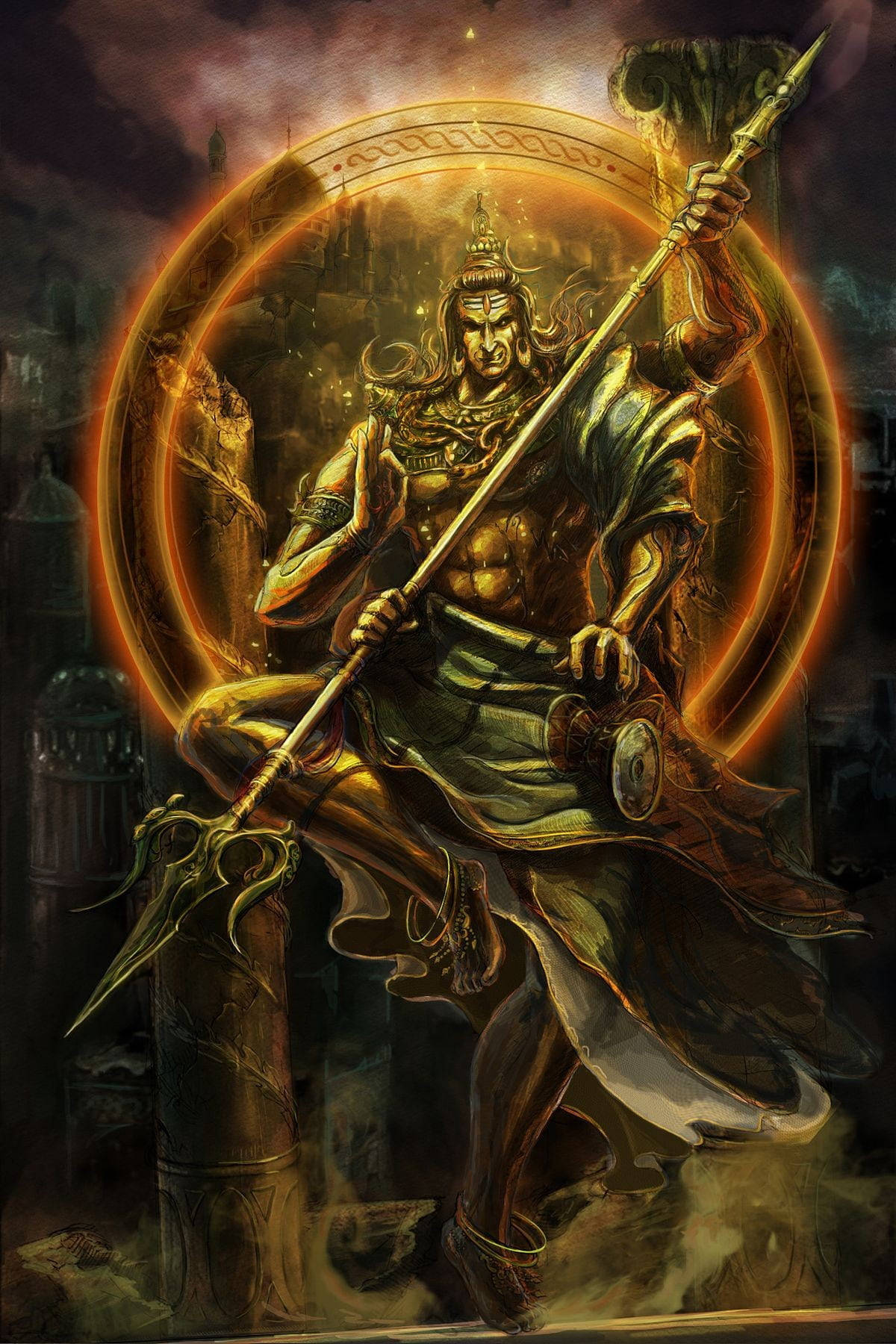 Golden Mahakal, glowing spear, radiant golden circle, HD Phone Wallpaper