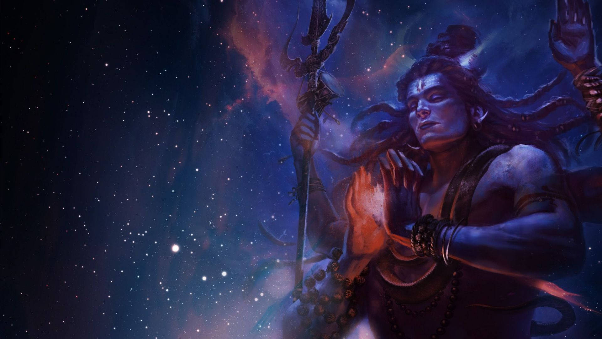 Mahakal Angry, trident, cosmic starfield, Full HD Desktop Wallpaper