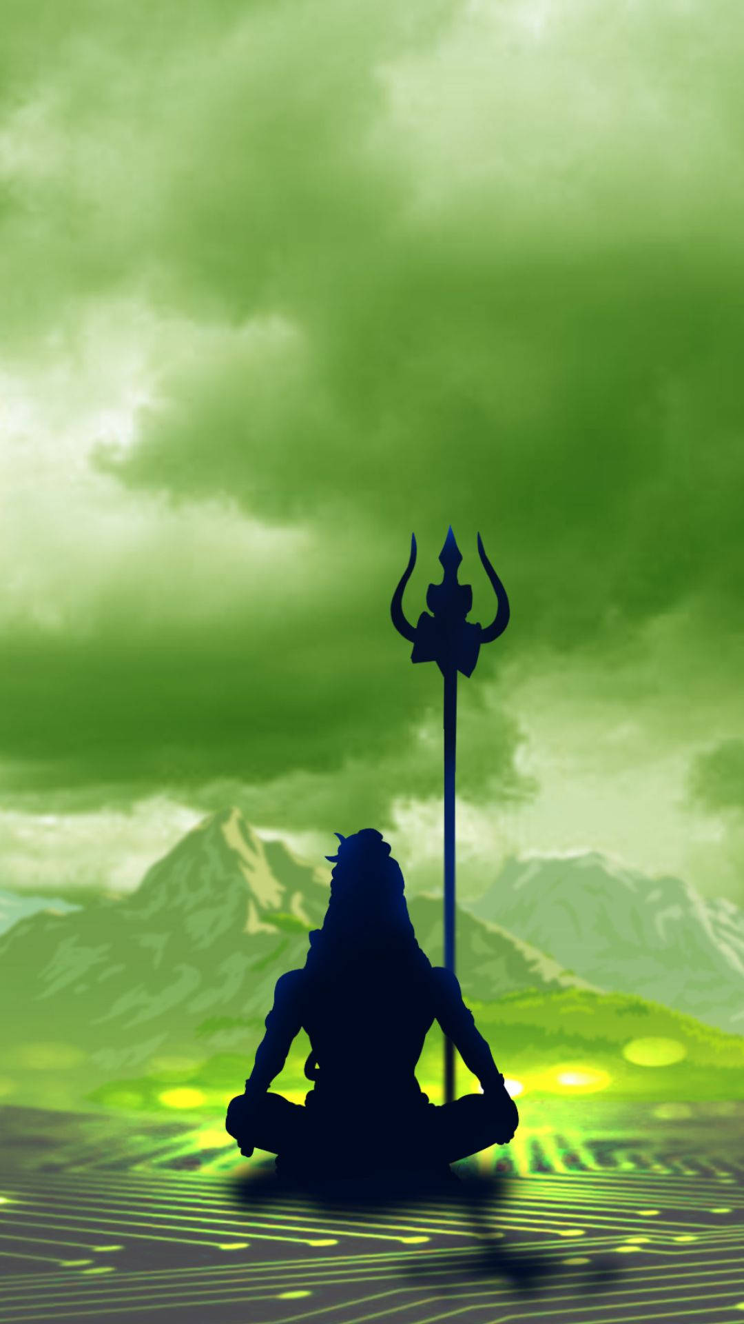Mahakal, trident, glowing green mountains, Full HD Phone Wallpaper
