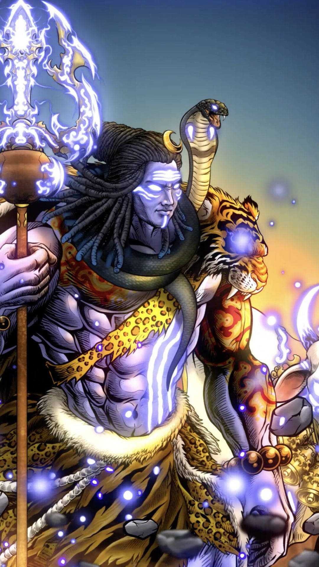 Mahakal, glowing blue markings, lightning-etched staff, Full HD Phone Wallpaper