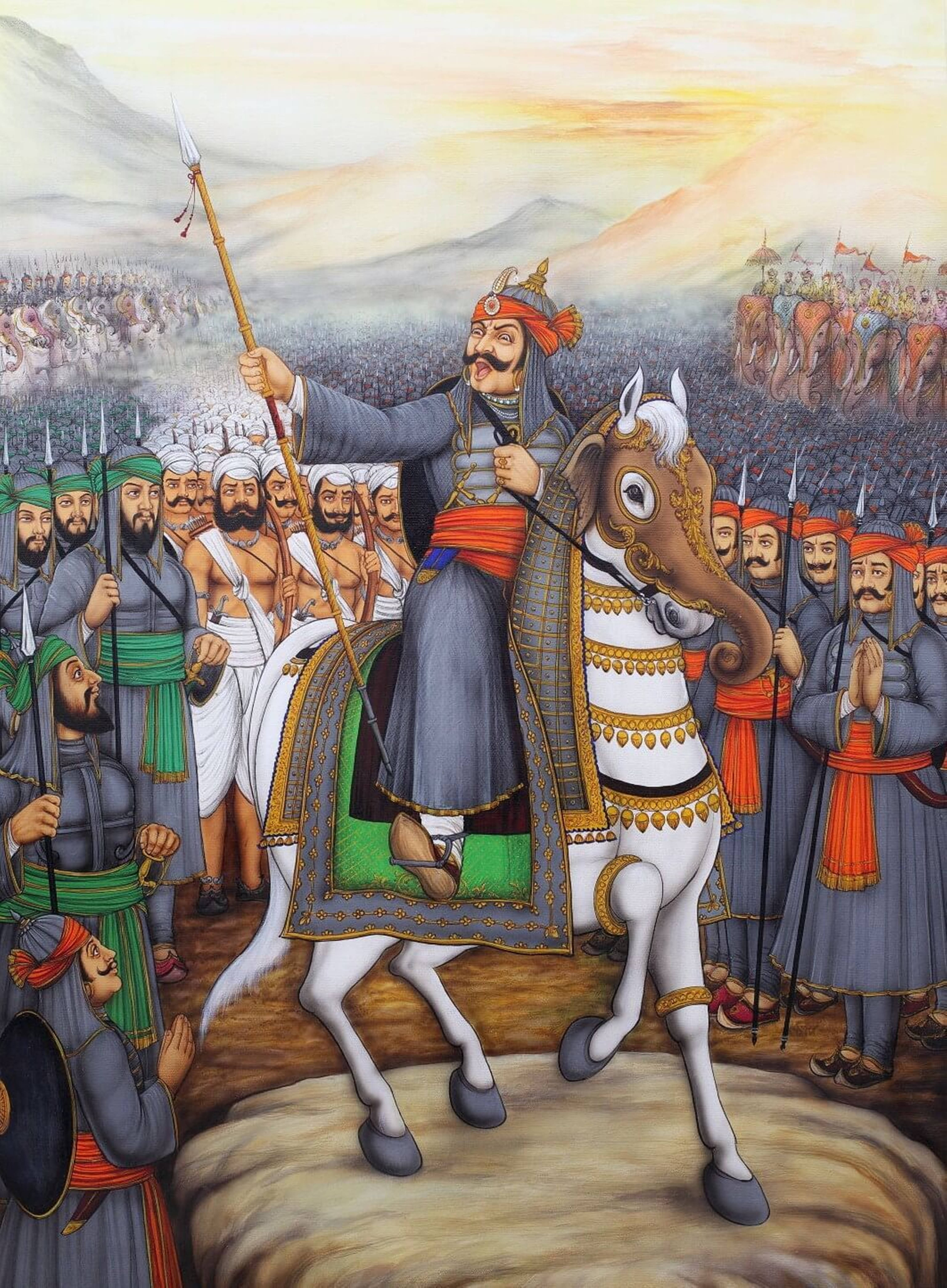 Maharana Pratap, white horse, mountainous battlefield, 5K Phone Wallpaper