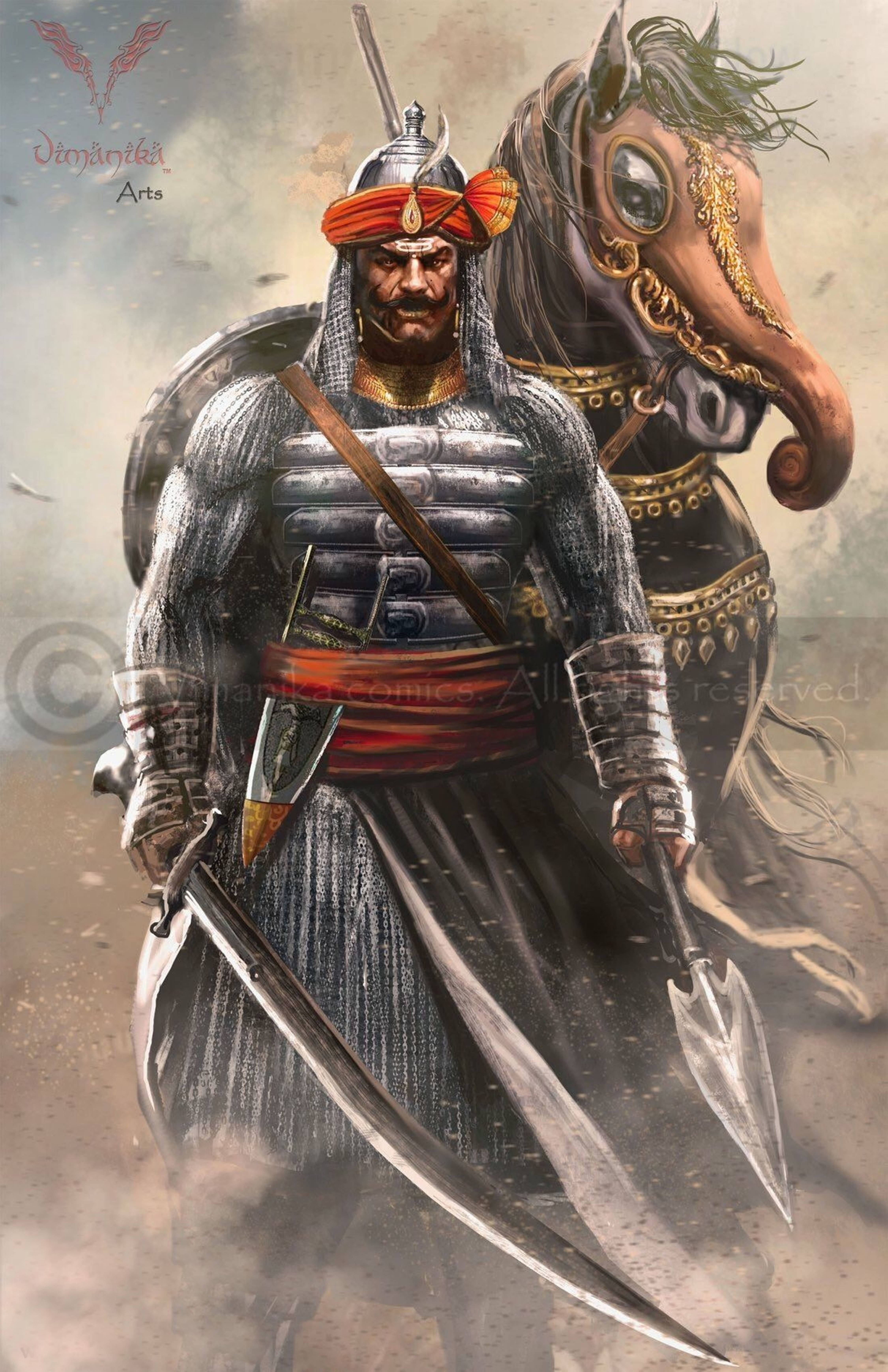 Maharana Pratap, red turban, armored warrior, 5K Phone Wallpaper